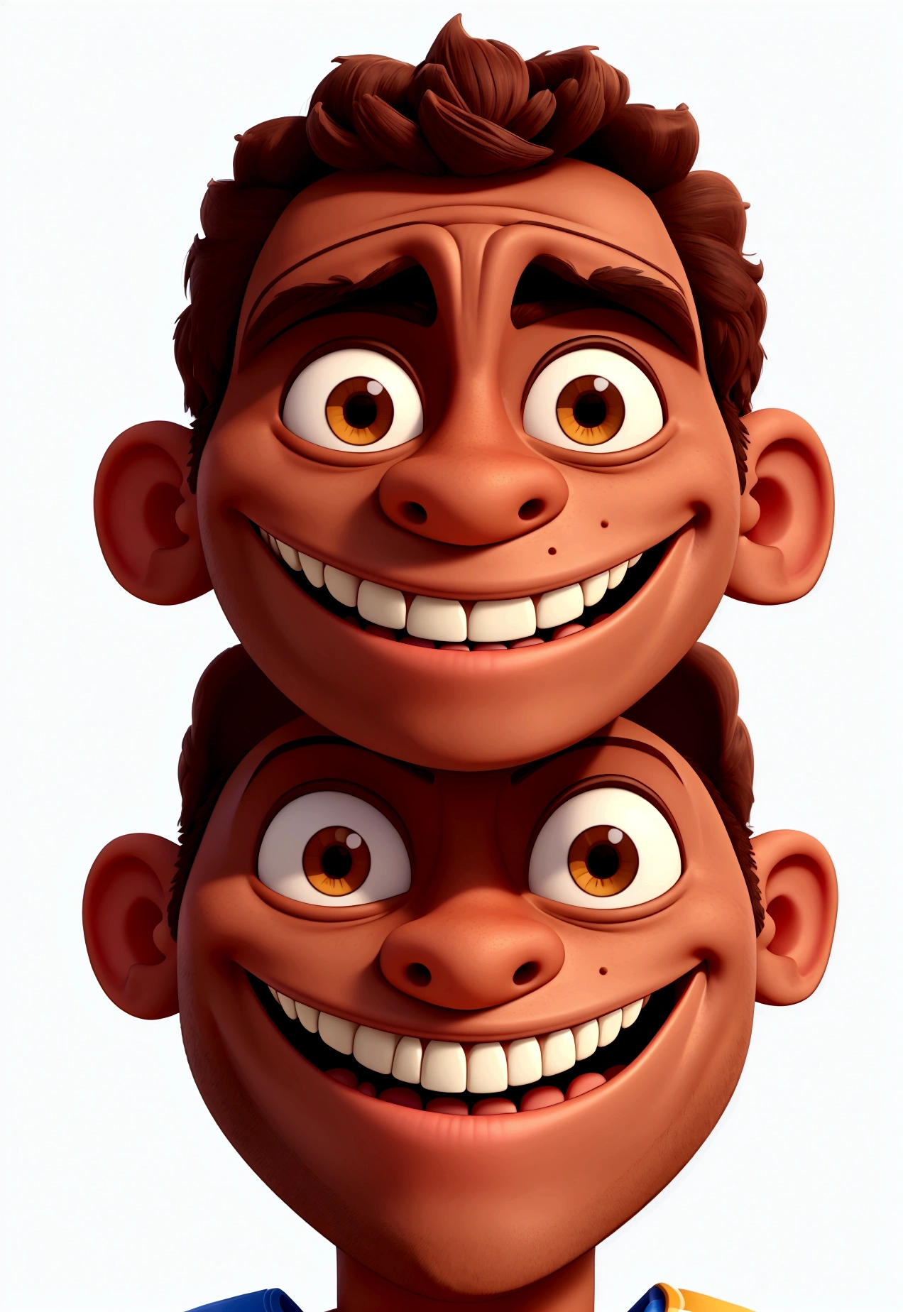 Illustration of smiling man, insane smile, brown skin man with a giant grin, smiling happily at the camera, cheeky smile, he is smiling, very huge smile, smiling male, headshot profile picture, laughing huge smile, drawing in 3D Art style, C4D, pure white color background, Disney  style, pixar style render illustration Super Detail, 8K