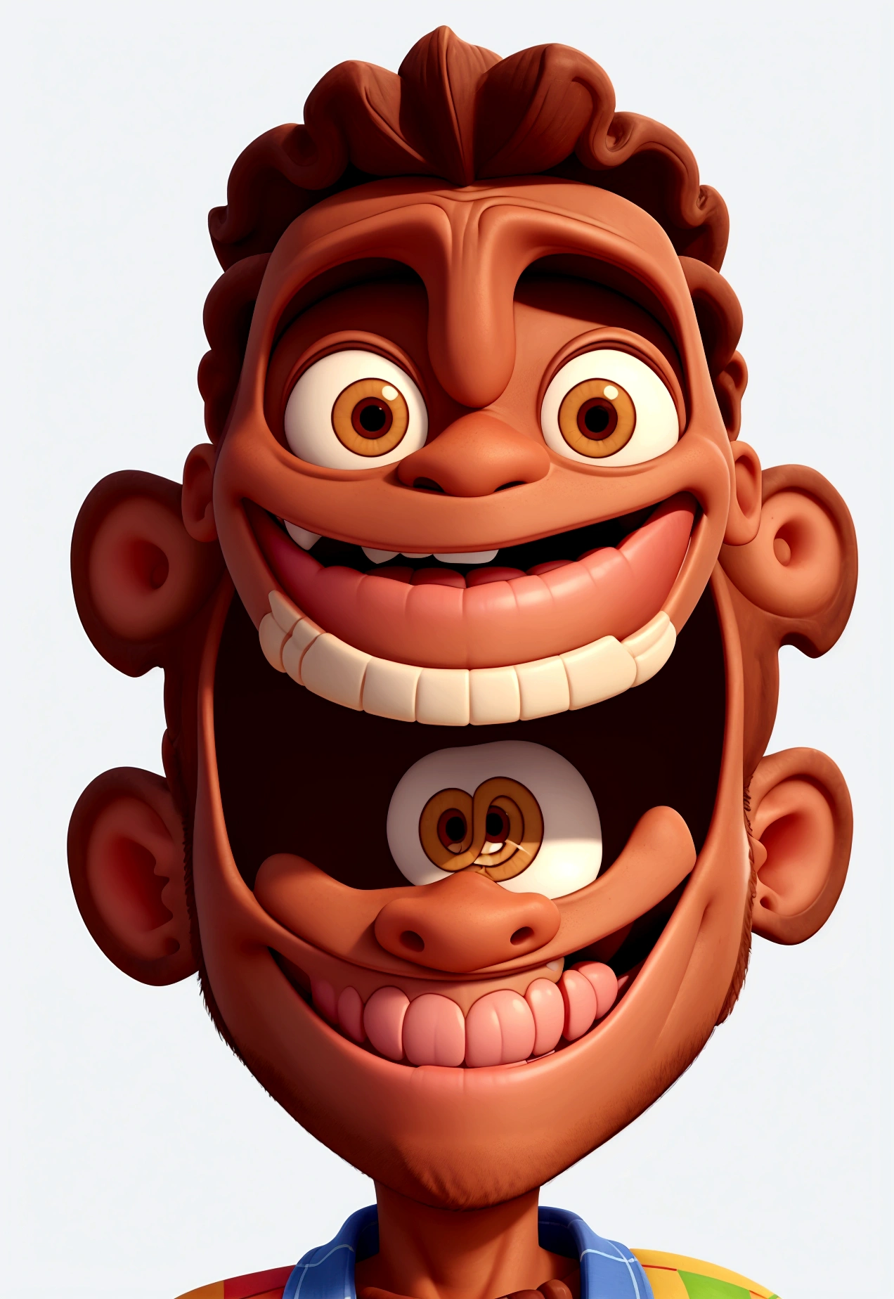 Illustration of smiling man, insane smile, brown skin man with a giant grin, smiling happily at the camera, cheeky smile, he is smiling, very huge smile, smiling male, headshot profile picture, laughing huge smile, drawing in 3D Art style, C4D, pure white color background, Disney  style, pixar style render illustration Super Detail, 8K