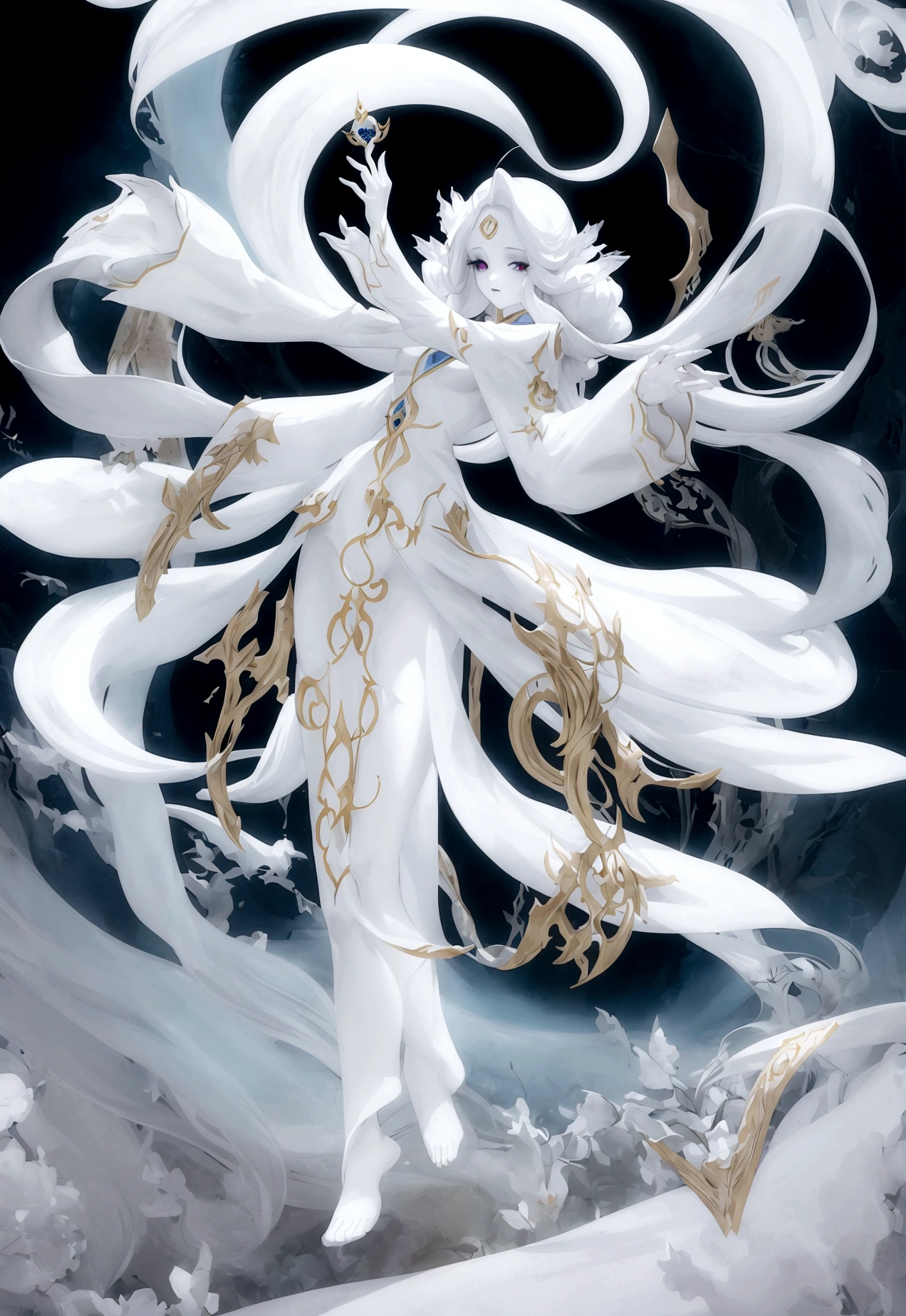 Character (white long hair) (white pale skin) (mystical seer-style clothing) (character in dynamic pose) (perspective angle) (full body) (ethereal background) (goddess vibes)