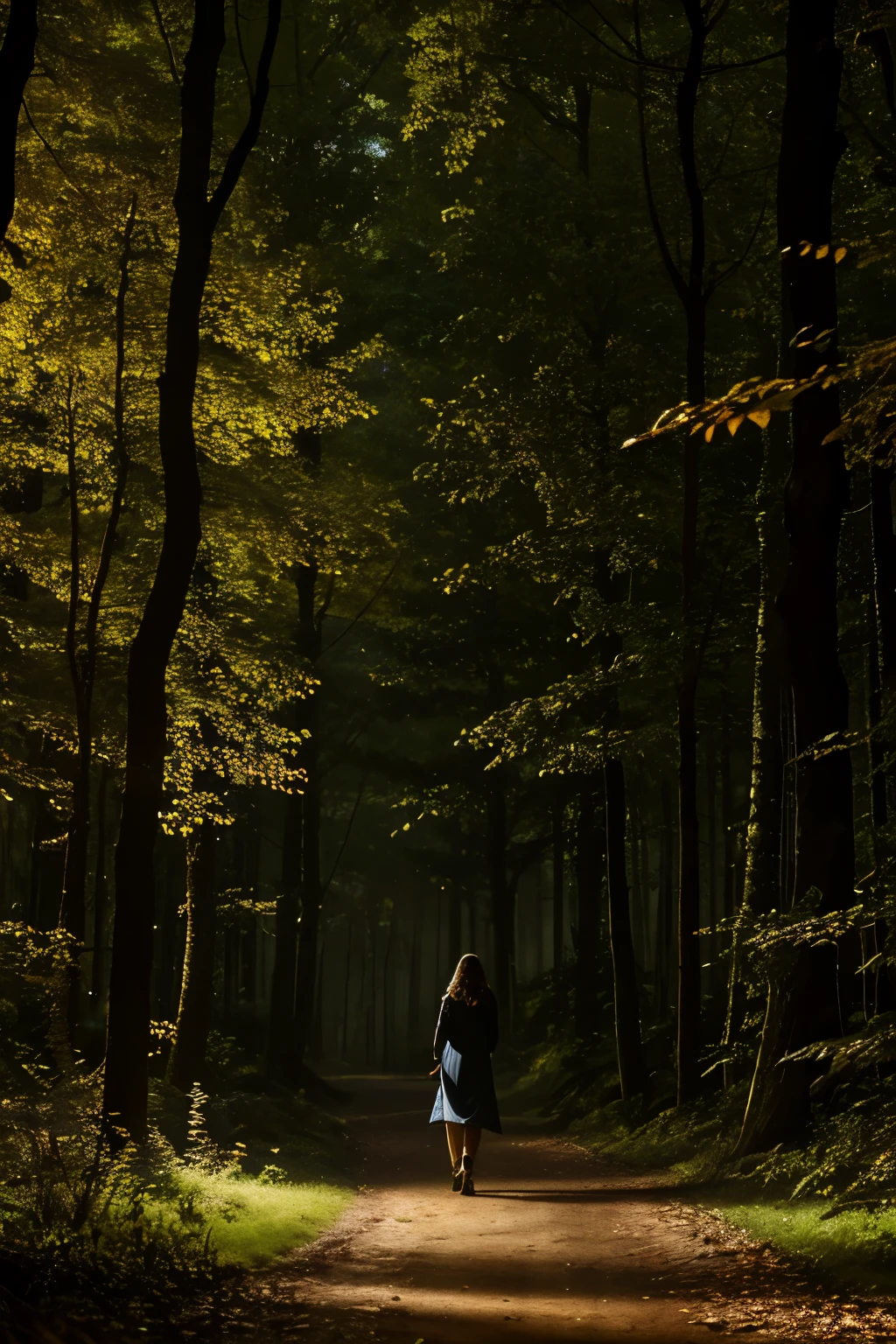 Woman on her back walking through a forest, with a background lighting, where the wind rocks the leaves of the trees, hyper realistic, size 9:16,  dramatic cinematic composition, extremely detailed, hyper realistic, high quality, 8k, photorealistic, dramatic lighting, deep shadows, intricate details, mysterious atmosphere and foreboding, vivid colors, supernatural glow
