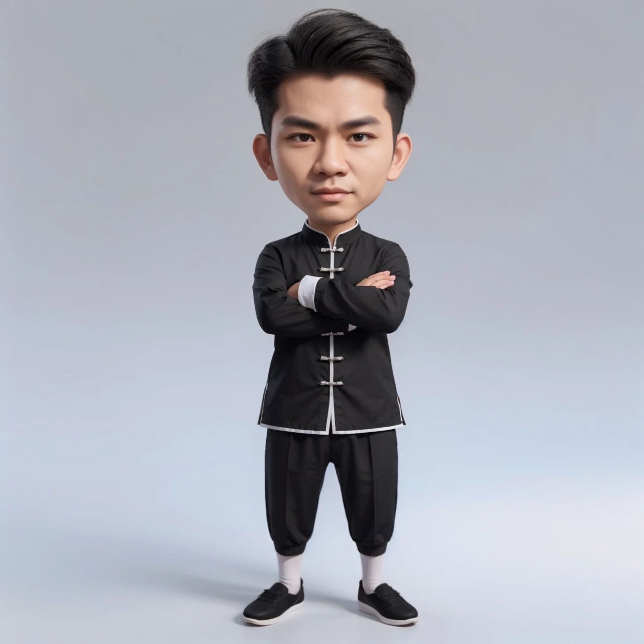 Hyper realistic caricature image of an Indonesian man with full body, short KPop style hair, oval face, wearing a black long-sleeved cheongsam shirt (sleeves rolled up to the elbows), white shirt borders (white shirt collar edge), plain black jogger pants and white socks, Traditional Chinese slip-on shoes (Wing Cun shoes) in black. standing facing the camera with arms crossed on his chest, detailed HD quality cinematic 3D rendering