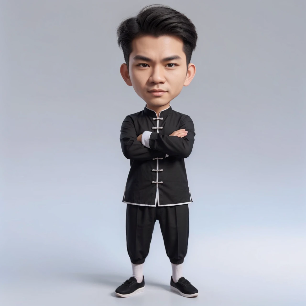 Hyper realistic caricature image of an Indonesian man with full body, short KPop style hair, oval face, wearing a black long-sleeved cheongsam shirt (sleeves rolled up to the elbows), white shirt borders (white shirt collar edge), plain black jogger pants and white socks, Traditional Chinese slip-on shoes (Wing Cun shoes) in black. standing facing the camera with arms crossed on his chest, detailed HD quality cinematic 3D rendering