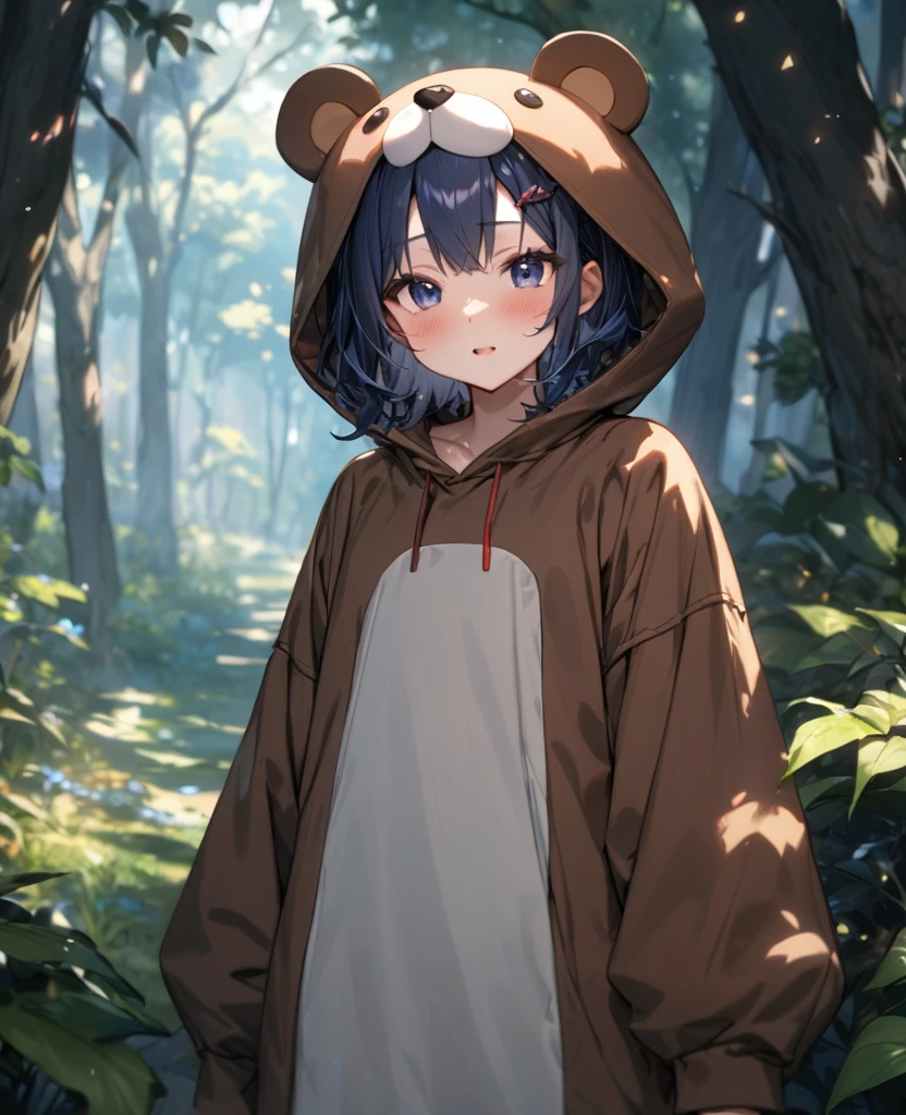 (best quality, masterpiece, ultra high-resolution, ultra-detailed: 1.2), one girl wearing a bear-mascot costume,in the forest,
BREAK.(tween,detailed face,(darkblue hair,wavy-short hair),parallel eyebrows),shiny skin,