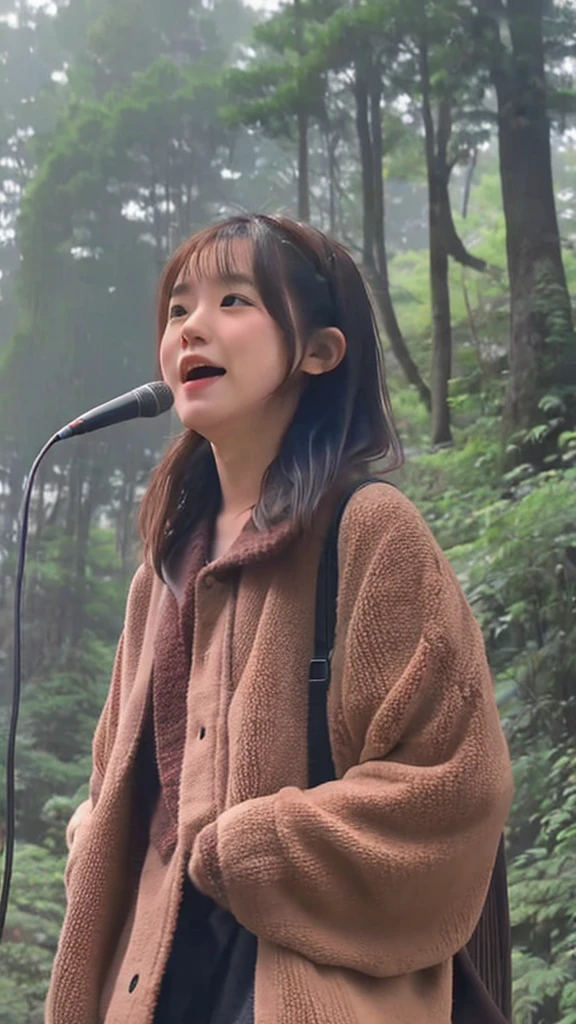 A Japanese girl in her 20s singing in the fog in the forest