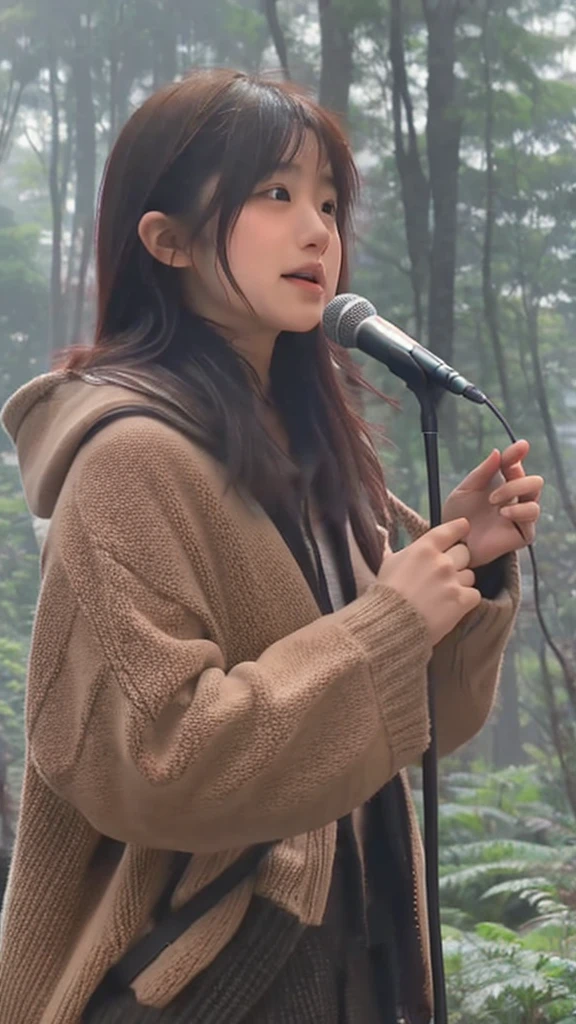 A Japanese girl in her 20s singing in the fog in the forest