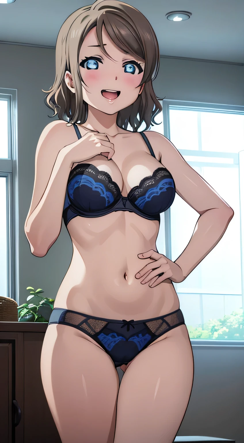 masterpiece, Highest quality, 8k wallpaper, alone, Watanabe Yo, laughing, Sexy Lingerie、Underwear only, In the living room, bra, Panties Big Breasts、In underwear