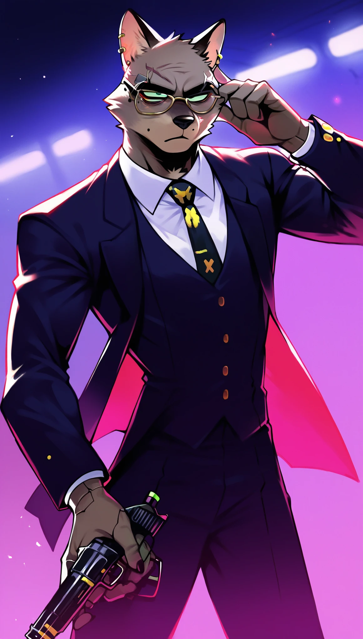 score_9, score_8_up, score_7_up, (cyberpunk city, night room, luxury apartment),
((mole:1.2), anthro, many, others, 2 others, solo, male, gunfight, holding firearms, ((wearing business suit, mafia boss security guards:1.5)), ((black mole fur)), (blind, glasses:1.5), scars, bald head, beautiful, (wears cyberpunk additions, without an eyes:1.5)