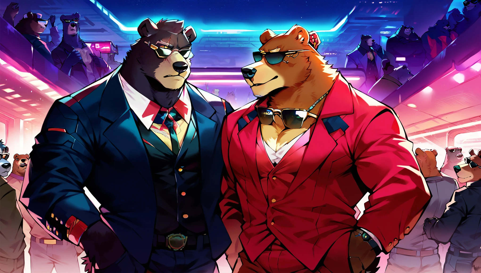score_9, score_8_up, score_7_up, (cyberpunk city, night room, luxury apartment),
((Grizzly bear:1.3), anthro, male, many, others, 2others, ((wearing business suit, mafia security guards, crowd)), ((black fur:1.5)), (scars), (sunglasses:1.5), beautiful, (wears cyberpunk additions:1.35)