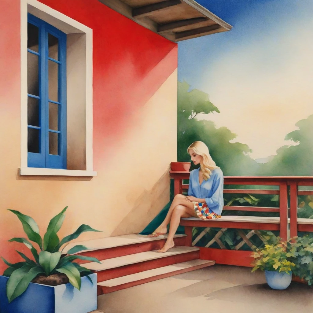 Imagine a serene setting where a Brazilian woman is the centerpiece of a tranquil watercolor scene. She sits comfortably on a concrete porch, her posture relaxed. Her straight blonde hair cascades over her shoulders, providing a lovely contrast to her light blue blouse and floral skirt. The red of her lips adds a pop of color that draws your eye, while her black flip-flops suggest a casual elegance. Beside her, a brown plaid bag rests against the porch railing, hinting at a story yet to be told. The setting is simple yet inviting: a beige wall with a window offering a glimpse of a tranquil interior and potted plants that add a touch of greenery and life to the composition.

