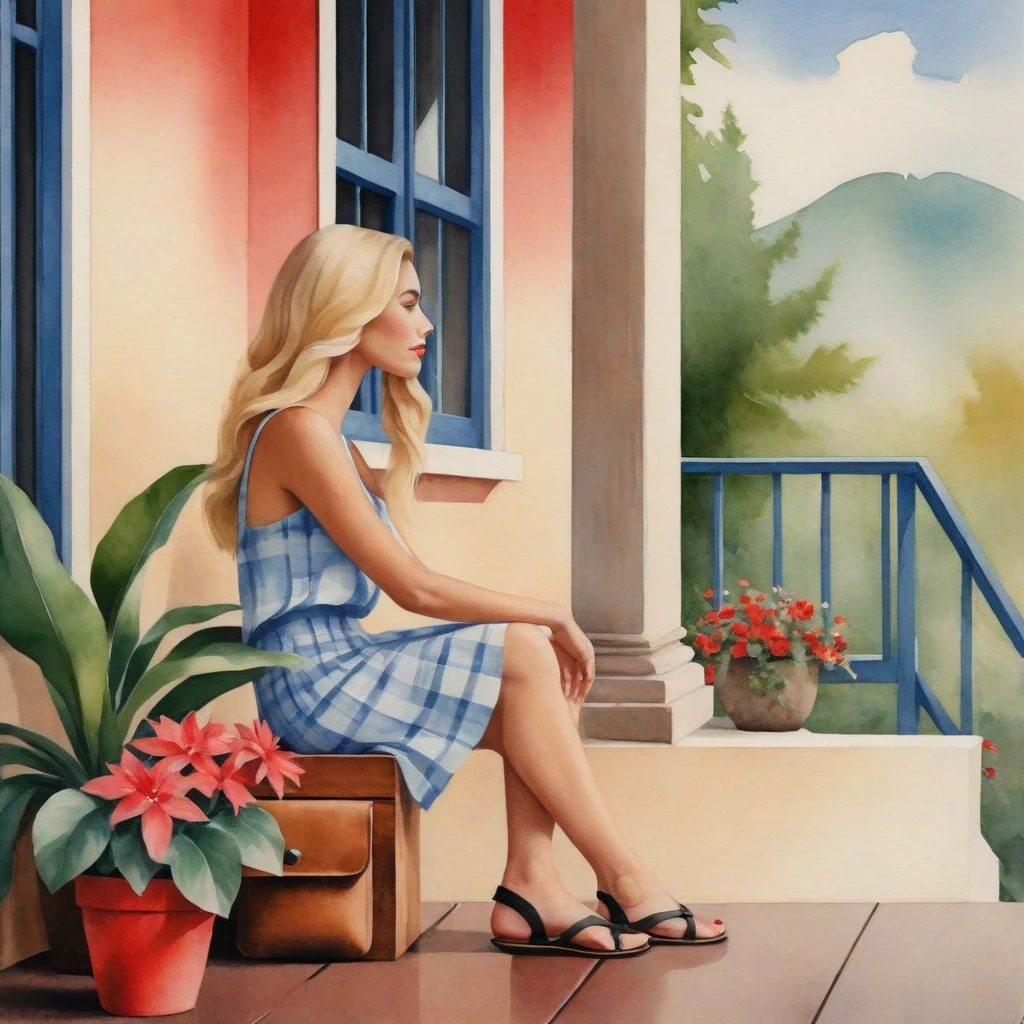 Imagine a serene setting where a Brazilian woman is the centerpiece of a tranquil watercolor scene. She sits comfortably on a concrete porch, her posture relaxed. Her straight blonde hair cascades over her shoulders, providing a lovely contrast to her light blue blouse and floral skirt. The red of her lips adds a pop of color that draws your eye, while her black flip-flops suggest a casual elegance. Beside her, a brown plaid bag rests against the porch railing, hinting at a story yet to be told. The setting is simple yet inviting: a beige wall with a window offering a glimpse of a tranquil interior and potted plants that add a touch of greenery and life to the composition.

