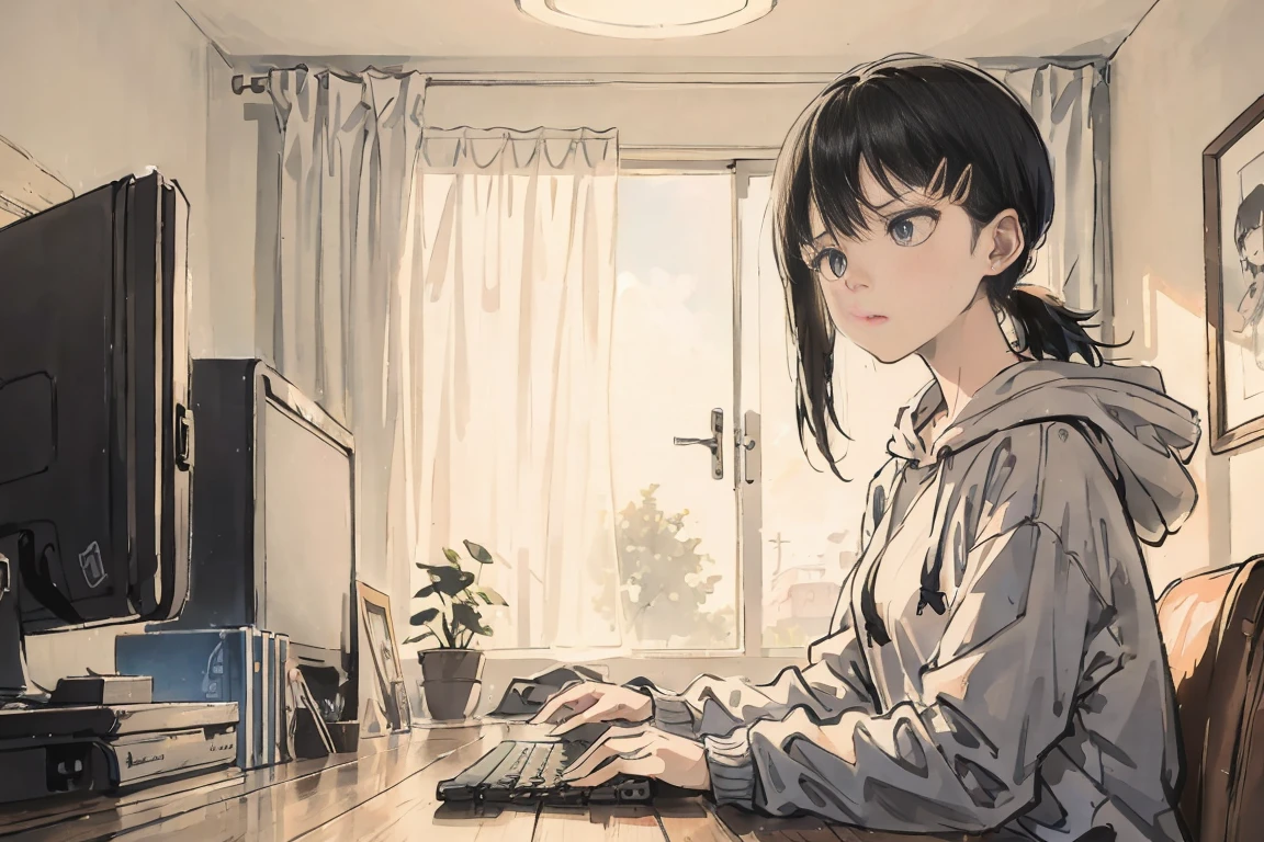 Blue long hair, Grey hoodie, Room at home, computer, Serious expression