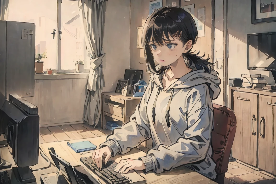 Blue long hair, Grey hoodie, Room at home, computer, Serious expression