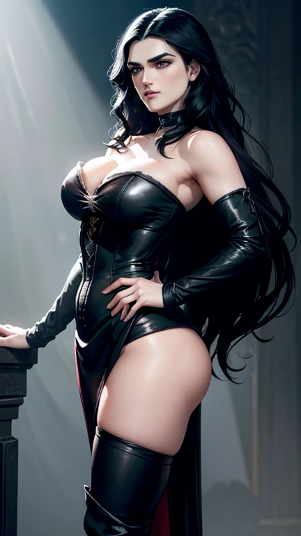 (Katie McGrath face), Generate an illustration of a young (Yennefer of Vengerberg), of Witcher 3,  hair combed to sides, layered haircut, de terno preto, long hair flows to her back, hair flows straight down, black hair, Ultrarealistic Violet eyes, both eyes are similar, (big round ???????), deep cleavage, round ???, black Corset outfit in anime format with a serious style, ((black strapless dress)), white tights, black boots, gothic make up, masterpiece, ((dark lighting)), black background, puffy lips,slendered toned abs, beautiful face,