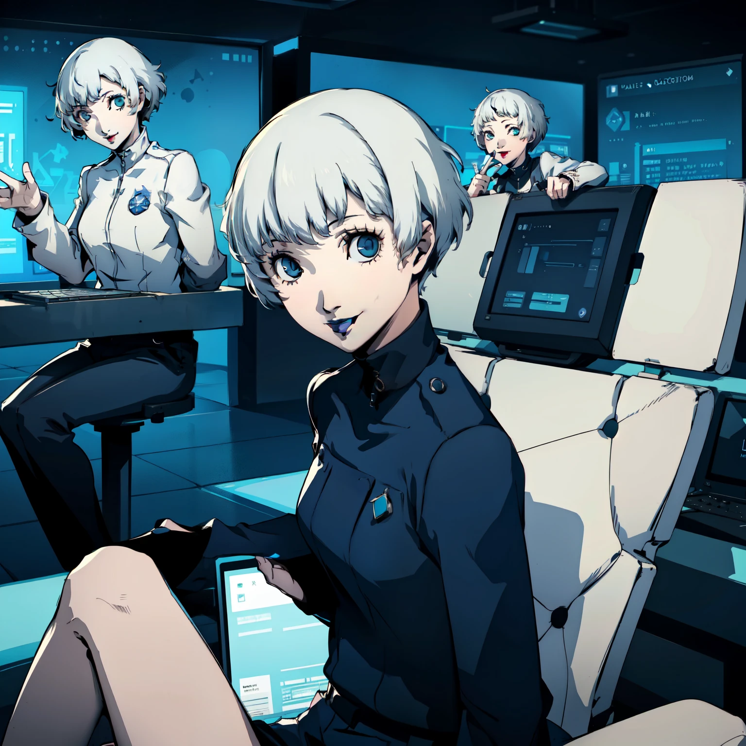 masterpiece, ((best quality)),((1 girl)), blue eyes, black lipstick, white hair, female , tomboy Pixie haircut, deep blue suit, white hair, white hair,smiling,hacker,in the,dark room,sitting,looking monitor,cute
