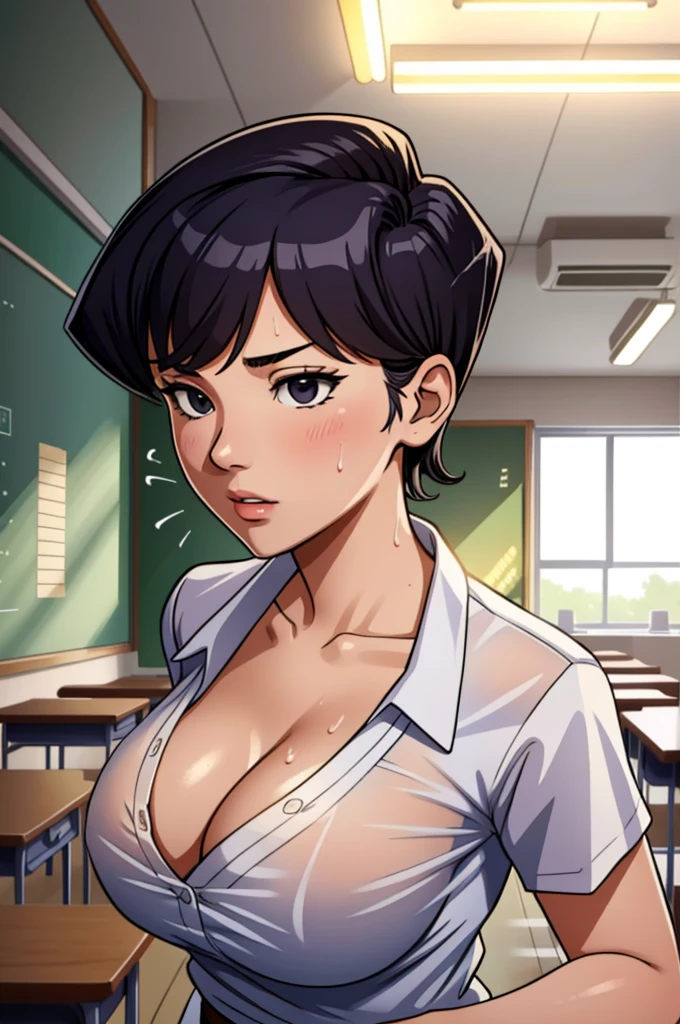 (masterpiece, best quality),  intricate details, 1girl, komi_shouko, white shirt, classroom, cleavage, sweaty