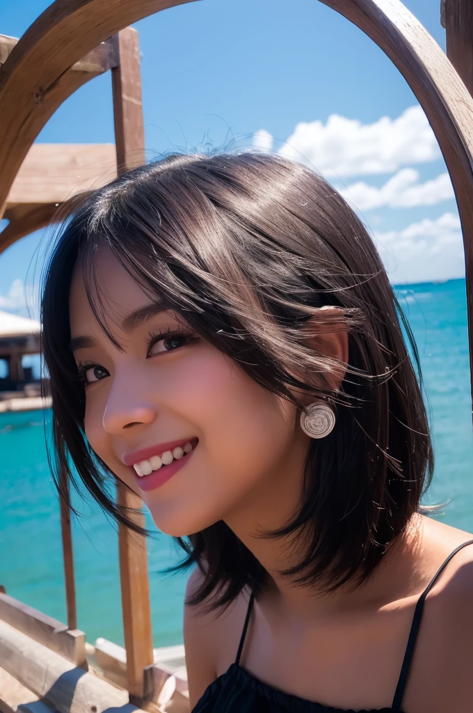 black hair, hair bobbles, solid circle eyes, light smile, ccurate, black hair, hair over shoulder, Surrealism, drop shadow, anaglyph, stereogram, tachi-e, pov, atmospheric perspective, 8k, super detail, best quality, textured skin, UHD