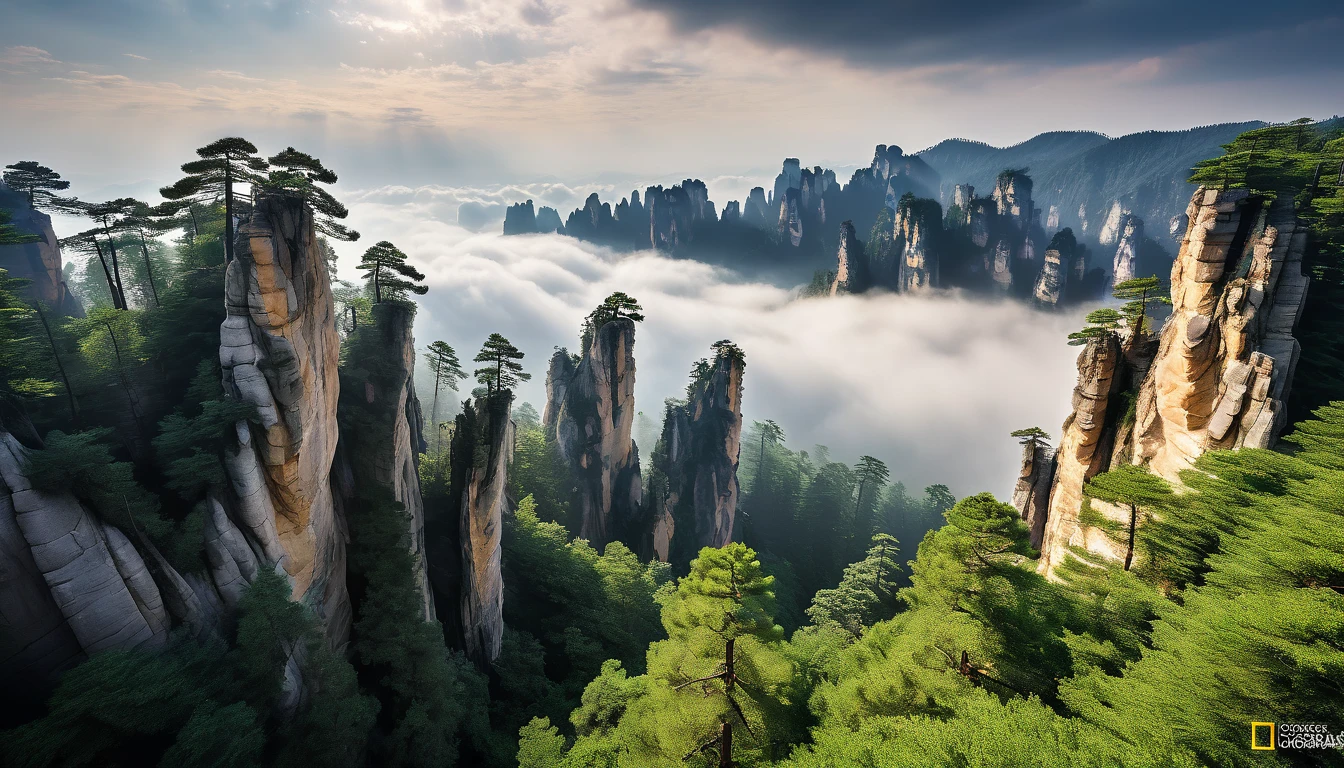 Black and White Landscape Photography,National Geographic Award-winning work,8K,George Digarakis，Zhangjiajie Photography Works，Distant clouds and sunshine，Mid-view pine，Strange Rock Mountain，Clouds，Close-up of the Welcoming Pine，cool and warm colors，（original photo，best quality），（Reality，照片Reality感：1.3），masterpiece，Extremely exquisite and beautiful，high resolution，The original，Perfect lighting，（Extremely detailed CG：1.2），Unity，2k wallpapers，Astonishing，Fine details