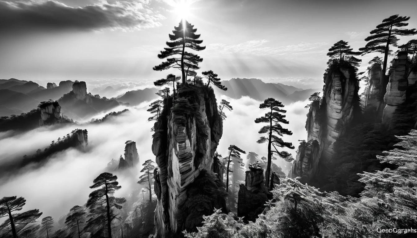 Black and White Landscape Photography,National Geographic Award-winning work,8K,George Digarakis,Zhangjiajie Photography Works,Distant clouds and sunshine,Mid-view pine,Strange Rock Mountain,Clouds,Close-up of the Welcoming Pine,cool and warm colors,(original photo,best quality),(Reality,照片Reality感:1.3),masterpiece,Extremely exquisite and beautiful,high resolution,The original,Perfect lighting,(Extremely detailed CG:1.2),Unity,2k wallpapers,Astonishing,Fine details