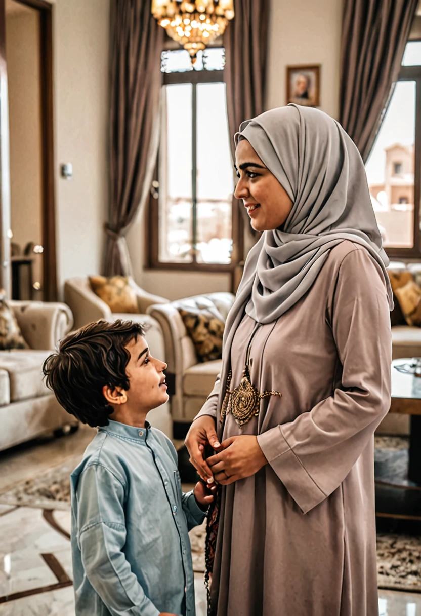 Kurdish girl Fatıma Kareem in hijab talking with a her son in luxury house view from side 