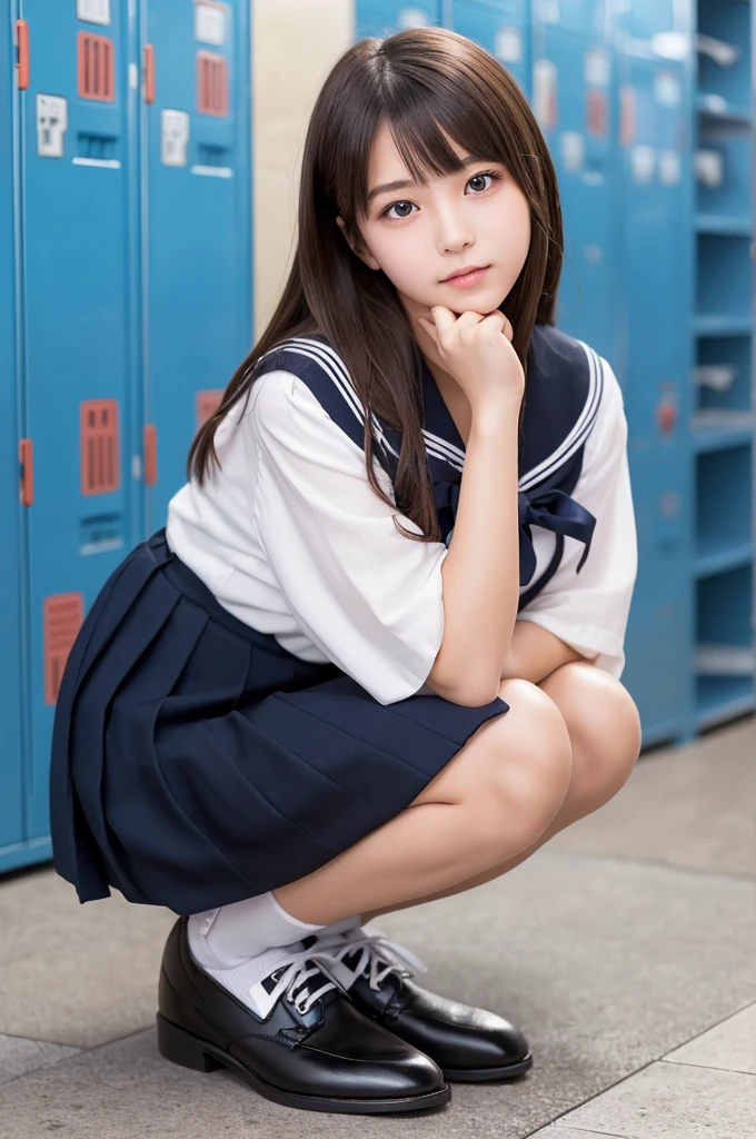 (1 Girl )、(Beautiful Japanese、18years old,round face、Refreshing、clear、seems kind、stylish、Pitiful、cute like an angel、cute、black eyes、,actress,Almond-shaped eyes,Translucent white skin、Beautiful skin), {(Japan human face:1.4)} , (((Beautiful breasts:0.4))),(((soft breasts))),(very cute),(short hair),(enchanting eyes),(highlight on eyes:1.2)、(8K、Live shooting、highest quality、masterpiece:1.2、optimal lighting)、((masterpiece)),(Photo taken by a professional photographer),(real、photo real:1.4),BREAK,{(cute Japanese high school sailor uniform),((traditional Sailor Suit:1.0))},(cheeks are red:1.3), BREAK, BREAK,Face shot:1.3、 face close-up,Looking at viewer,Lonely face,evening、Japan,evening、(((n front of the school shoe lockers))))