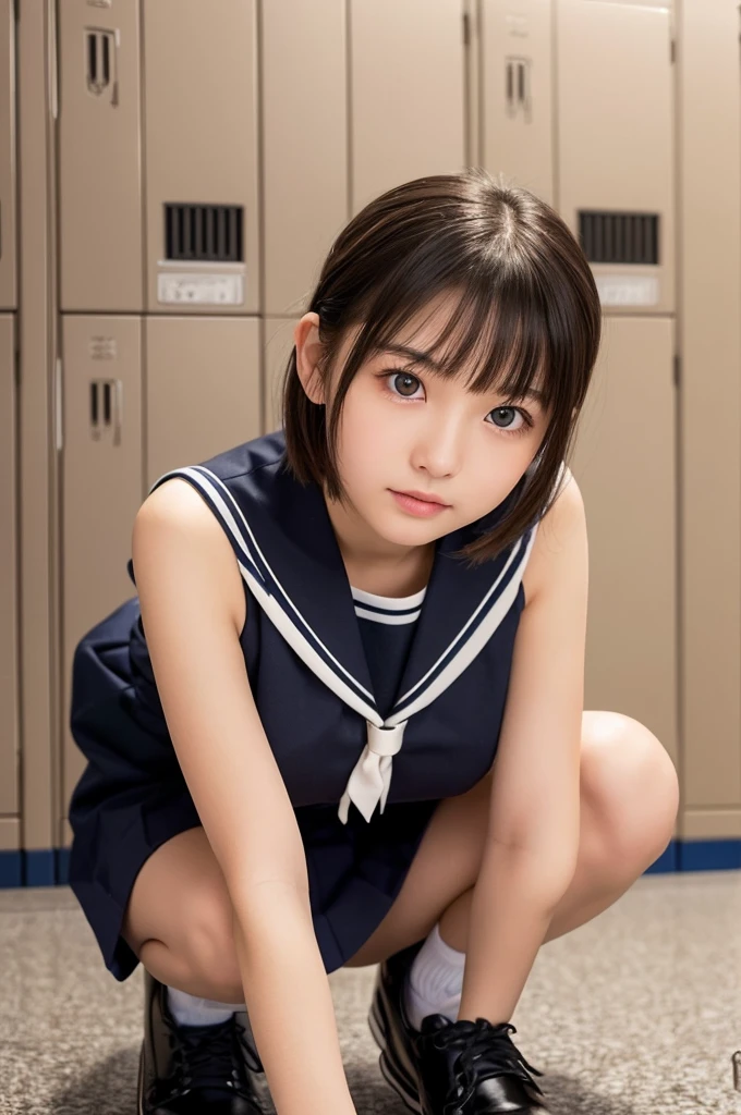 (1 Girl )、(Beautiful Japanese、18years old,round face、Refreshing、clear、seems kind、stylish、Pitiful、cute like an angel、cute、black eyes、,actress,Almond-shaped eyes,Translucent white skin、Beautiful skin), {(Japan human face:1.4)} , (((Beautiful breasts:0.4))),(((soft breasts))),(very cute),(short hair),(enchanting eyes),(highlight on eyes:1.2)、(8K、Live shooting、highest quality、masterpiece:1.2、optimal lighting)、((masterpiece)),(Photo taken by a professional photographer),(real、photo real:1.4),BREAK,{(cute Japanese high school sailor uniform),((traditional Sailor Suit:1.0))},(cheeks are red:1.3), BREAK, BREAK,Face shot:1.3、 face close-up,Looking at viewer,Lonely face,evening、Japan,evening、(((n front of the school shoe lockers))))