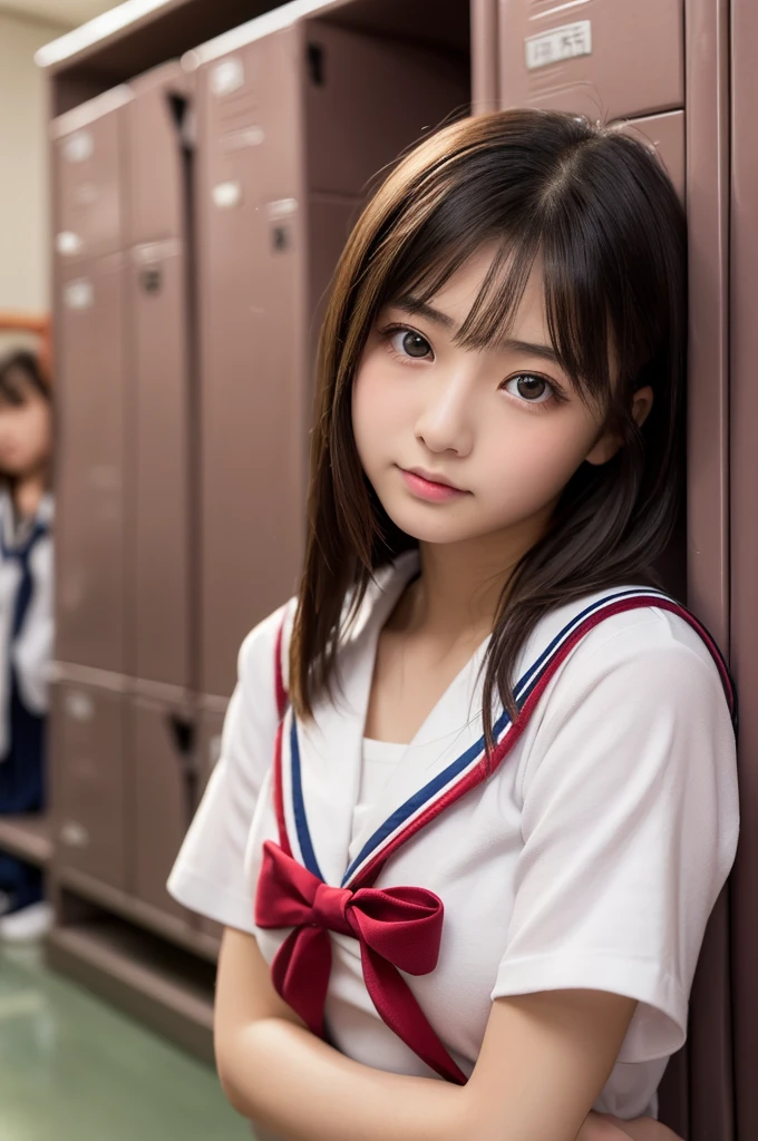 (1 Girl )、(Beautiful Japanese、18years old,round face、Refreshing、clear、seems kind、stylish、Pitiful、cute like an angel、cute、black eyes、,actress,Almond-shaped eyes,Translucent white skin、Beautiful skin), {(Japan human face:1.4)} , (((Beautiful breasts:0.4))),(((soft breasts))),(very cute),(short hair),(enchanting eyes),(highlight on eyes:1.2)、(8K、Live shooting、highest quality、masterpiece:1.2、optimal lighting)、((masterpiece)),(Photo taken by a professional photographer),(real、photo real:1.4),BREAK,{(cute Japanese high school sailor uniform),((traditional Sailor Suit:1.0))},(cheeks are red:1.3), BREAK, BREAK,Face shot:1.3、 face close-up,Looking at viewer,Lonely face,evening、Japan,evening、(((n front of the school shoe lockers))))