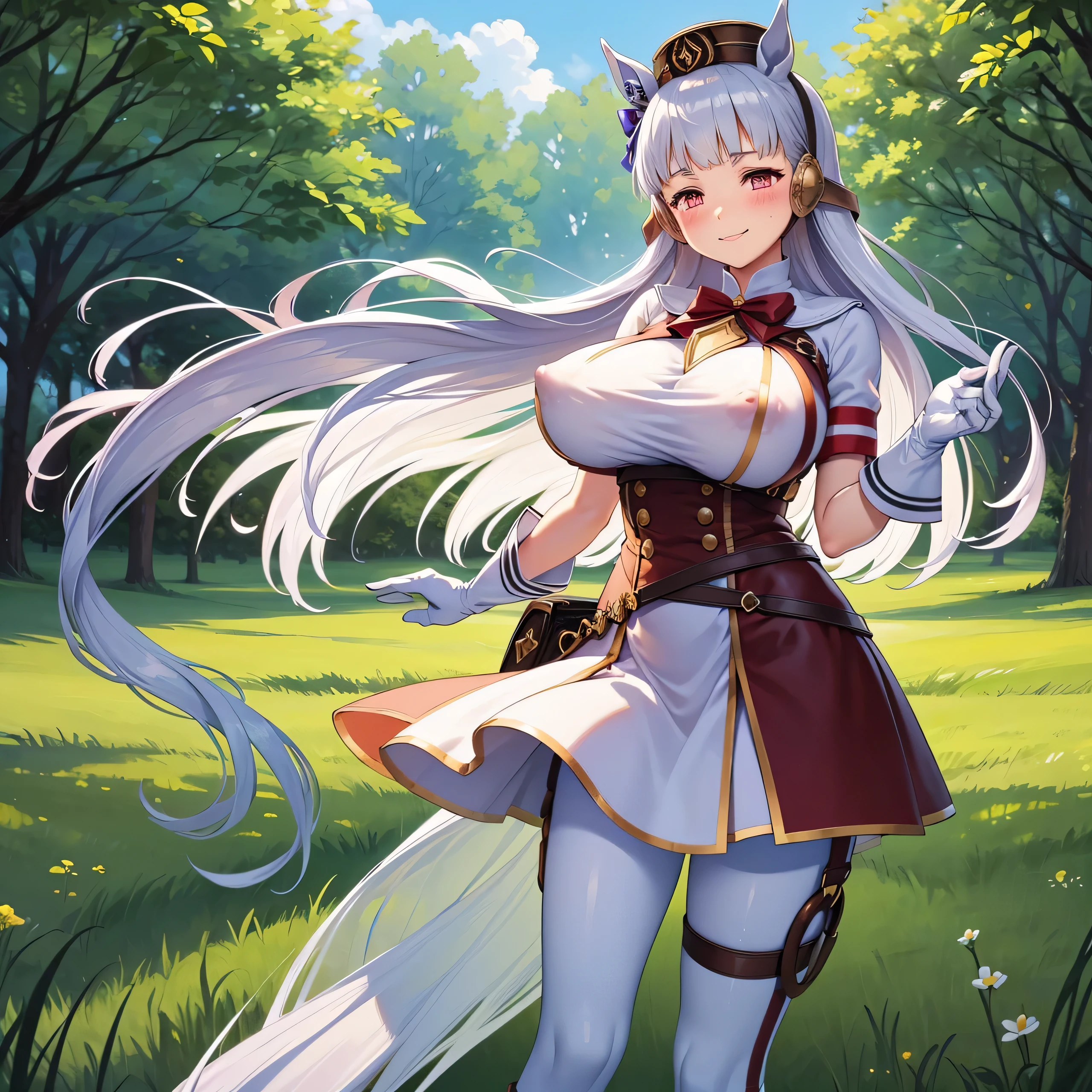 Dark color depiction、(masterpiece, Highest quality:1.2), alone, One girl, umpd gold ship, pillbox hat,White Dress,No sleeve, White Pantyhose, White gloves、boots, Horse tail,、grassland、Nature、blush、smile、Feel the wind、summer、Cowboy Shot、(Huge breasts:1.4)、Nipples are visible、Clothes are see-through
