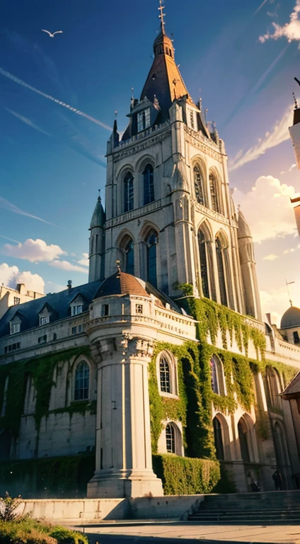 (Best quality,4K,8 k,A high resolution,masterpiece:1.2),ultra detailed,city on a medium sized island, moss-covered buildings, dramatic lighting, bird&#39;s-eye, Gothic architecture, bright colors, vibrant street life, complex parts, Noisy cityscape, Gothic style, ancient fortress walls on the seashore,