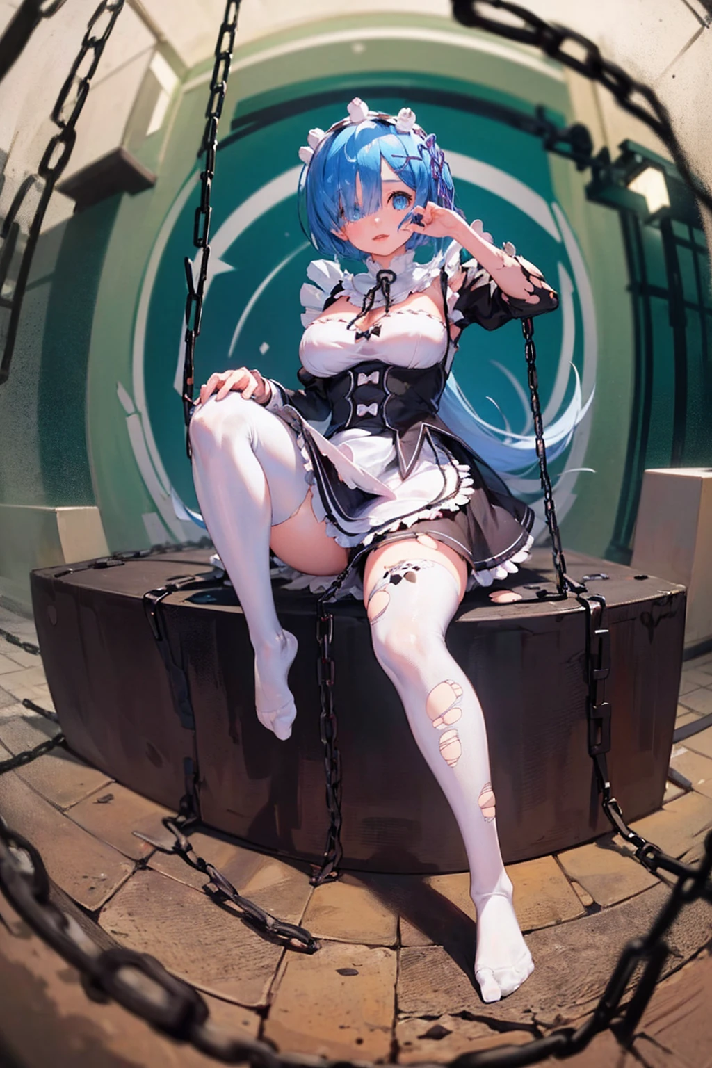 Rem tears off the chains、Plump、Show your pants、Fighting Pose、Weapons Morningstar、((Underground dungeon))、((The floor beneath my feet is crumbling))、((((Rem in chains)))),(((((Fisheye Lens)))))、((Super huge breasts))、(((Plump thighs)))、(((Rem from Re:Zero)))、looking at the camera、High qualityHigh quality、8ｋ、(((((Full body description)))))、Chest、Fantastic、(((((Torn maid uniform)))))、looking at the cameraで、barefoot、(((Tall Rem)))、Sweat splashes、Clothes are ripped off,(Torn knee-high socks)、
