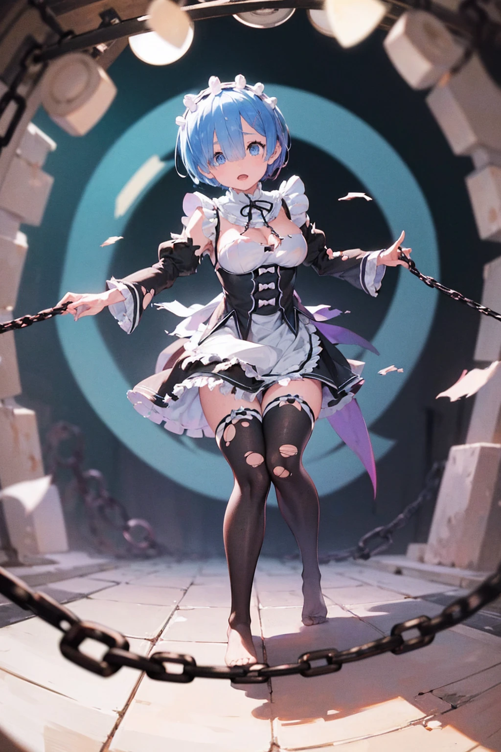 Rem tears off the chains、Plump、Show your pants、Fighting Pose、Weapons Morningstar、((Underground dungeon))、((The floor beneath my feet is crumbling))、((((Rem in chains)))),(((((Fisheye Lens)))))、((Super ))、(((Plump thighs)))、(((Rem from Re:Zero)))、looking at the camera、High qualityHigh quality、8ｋ、(((((Full body description)))))、、Fantastic、(((((Torn maid uniform)))))、looking at the cameraで、barefoot、(((Tall Rem)))、Sweat splashes、Clothes are ripped off,(Torn knee-high socks)、