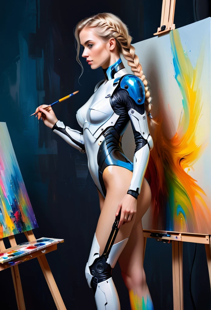 The easel, the paints, the artist, standing Full-length,  cyborg woman drawing self-portrait in oil paints, french braid, blonde hair