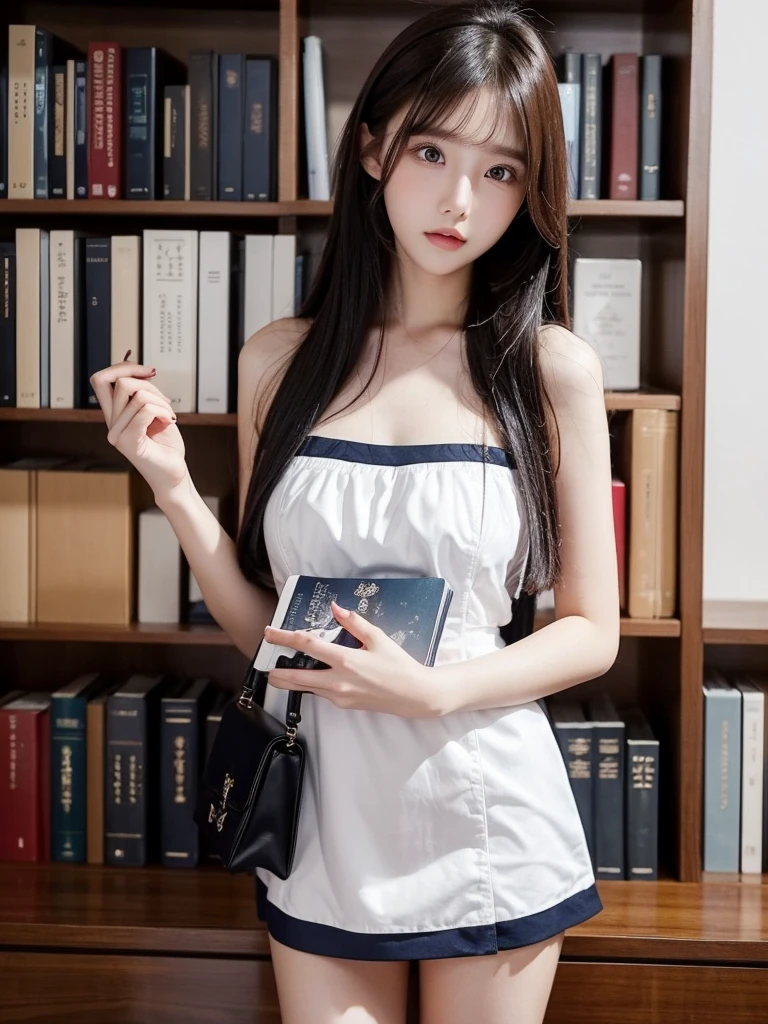 Beautiful woman wearing a white and dark blue Wearing clothes mini dress with decorations on the shirt and visible shoulders and wearing boots and being photographed with a Library background And I'm in an aesthetic library while holding a book ,Korean style swag, beautiful face so gorgeous, Beautiful eyes, y2k style