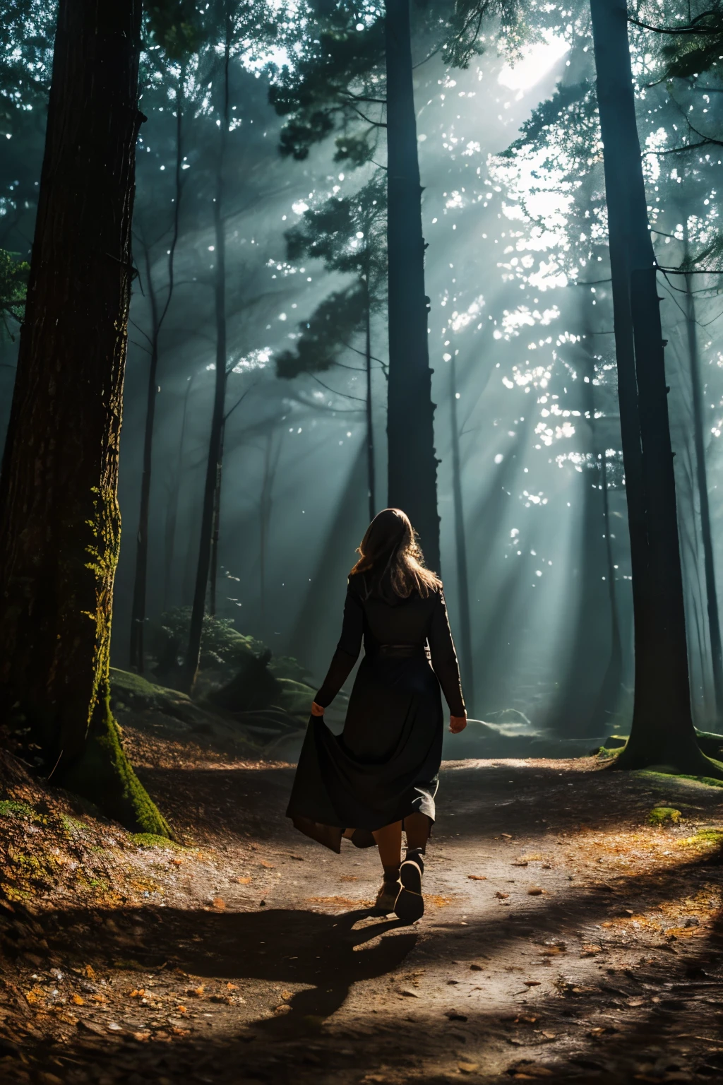 Woman on her back walking through a forest, with a background lighting, where the wind rocks the leaves of the trees, hyper realistic, size 9:16, dramatic cinematic composition, extremely detailed, hyper realistic, high quality, 8k, photorealistic, dramatic lighting, deep shadows, intricate details, mysterious atmosphere and foreboding, vivid colors, supernatural glow