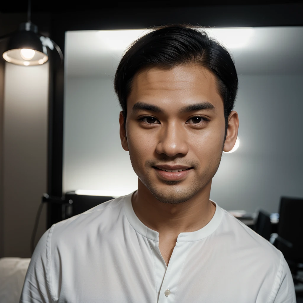 Realistic 3D caricature. Head is a bit big. A 27 year old Indonesian man. Tall, slightly full body, slightly round face shape, very handsome, slightly round eyes, bright white skin, smile, black hair with a side part, thin haircut on the side, wearing a black jacket with a white shirt inside. Upright standing position, slightly fuller arms, office background, beautiful afternoon atmosphere. Use soft photography lighting with hair lights, edge lights, and top lights. Photos with very high detail