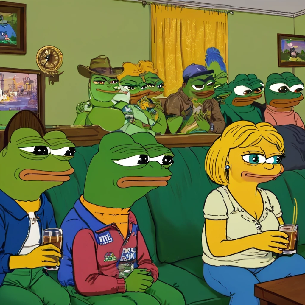 cartoon of a group of people sitting on a couch with a dog, modern cartoon tv show, 4 chan pepe, pepe the frog, pepe the frogs at war, video game fanart, ren and stimpy style, portrait of pepe the frog, poggers, 90s cartoon, videogame still, (((pepe frog))), as if lisa simpson came to life, original simpsons cartoon style