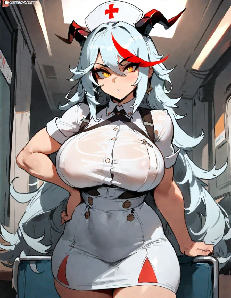 1girl, aegir \(azur lane\), azur lane \\\\\ masterpiece, best quality, very aesthetic, absurdres, newest \\\\\\ sportive body, \\\\\\ by nyantcha,,by cutesexyrobutts,by khyle ///// white hair with a single prominent red streak, black horns, yellow eyes, ,at hospital, white (nurse outfit:1.2), skirt, standing, white pencil skirt, nurse cap, , big tits, a red cross on the cap