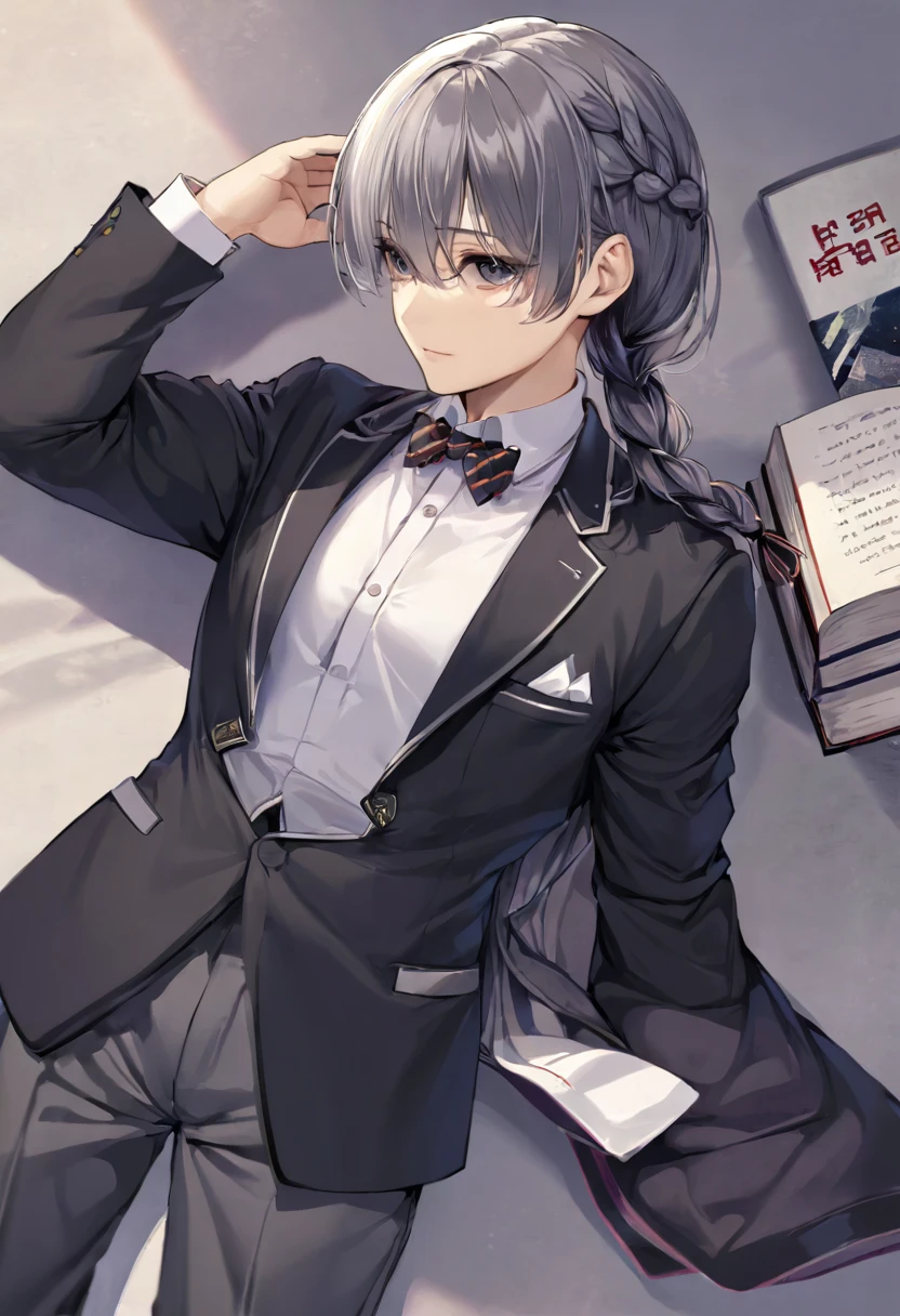 solo,Masculine, looking at viewer, shirt, black hair, long sleeves, 1boy, bow, holding, jacket, white shirt, upper body, braid, gray hair, male focus, bowtie, black jacket, book, single braid, black bow,
