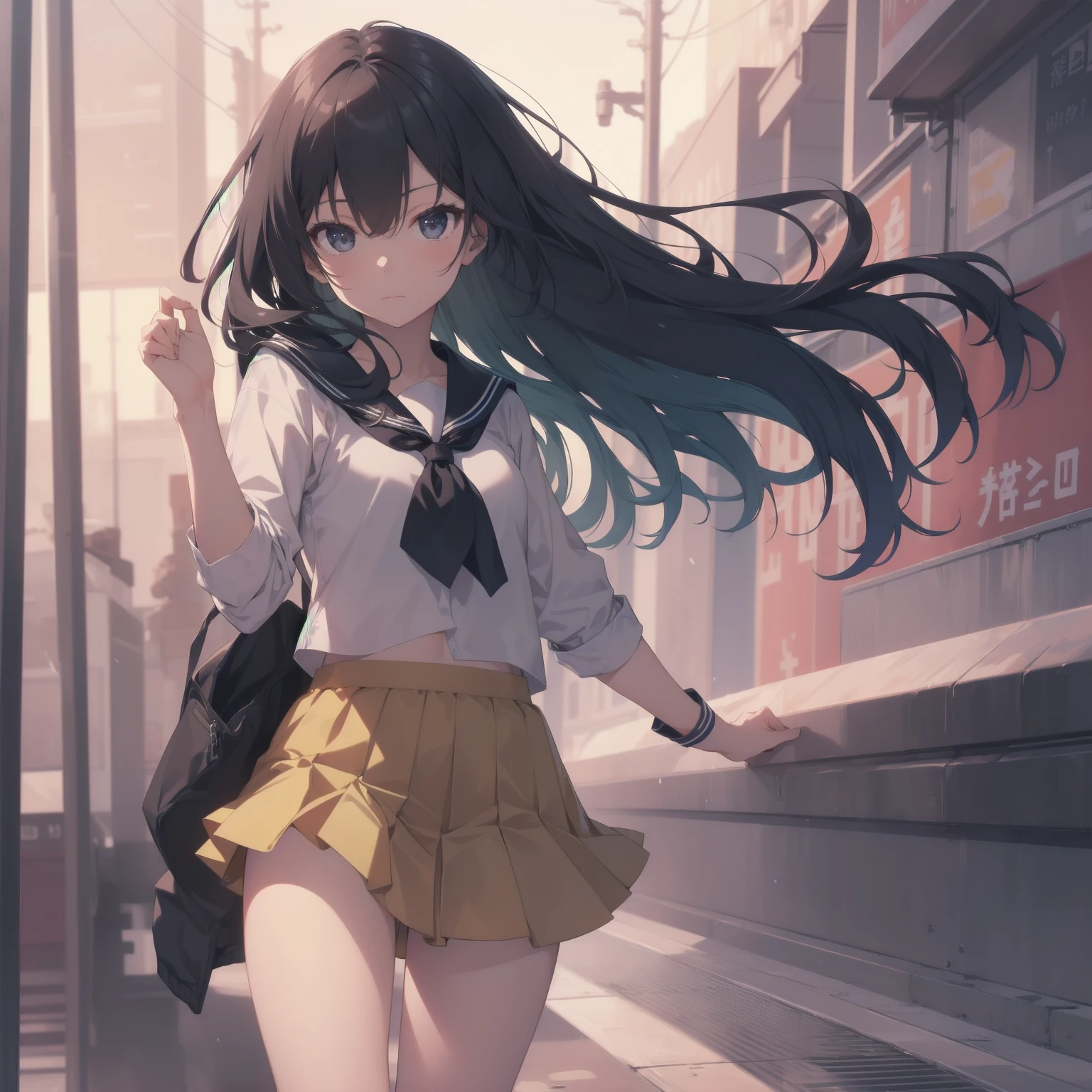 ultra-absurdres-Top quality by artist God, ultra-detailed, high resolution, anime moe artstyle, best anime 8k konachan wallpaper, pixiv contest winner, pool:2810, perfect ,break, 1girl, (Please draw a girl walking sleepily to school alone. )break,(Solo,little female, 13-year-old:1.3),Full limbs, complete fingers,a junior high school student, (very short hair), short cut, flat , , small , small black eyes, beautiful detailed eyes, well-proportioned iris and pupils, expressive eyes, highres detailed hair, soft expression, salor school_uniform, sailor collar, serahuku, bow, pleated skirt,(Detailed Lighting), (Detailed background), in the School commute route. break,super detailed skin, Best cinematic lighting powered by famous artist, 8k,beauty illustration,photoshop_(medium),very aesthetic,break,((artist:wa_(genryusui) )), artist:clamp ,artist:carnelian ,artist:kantoku ,