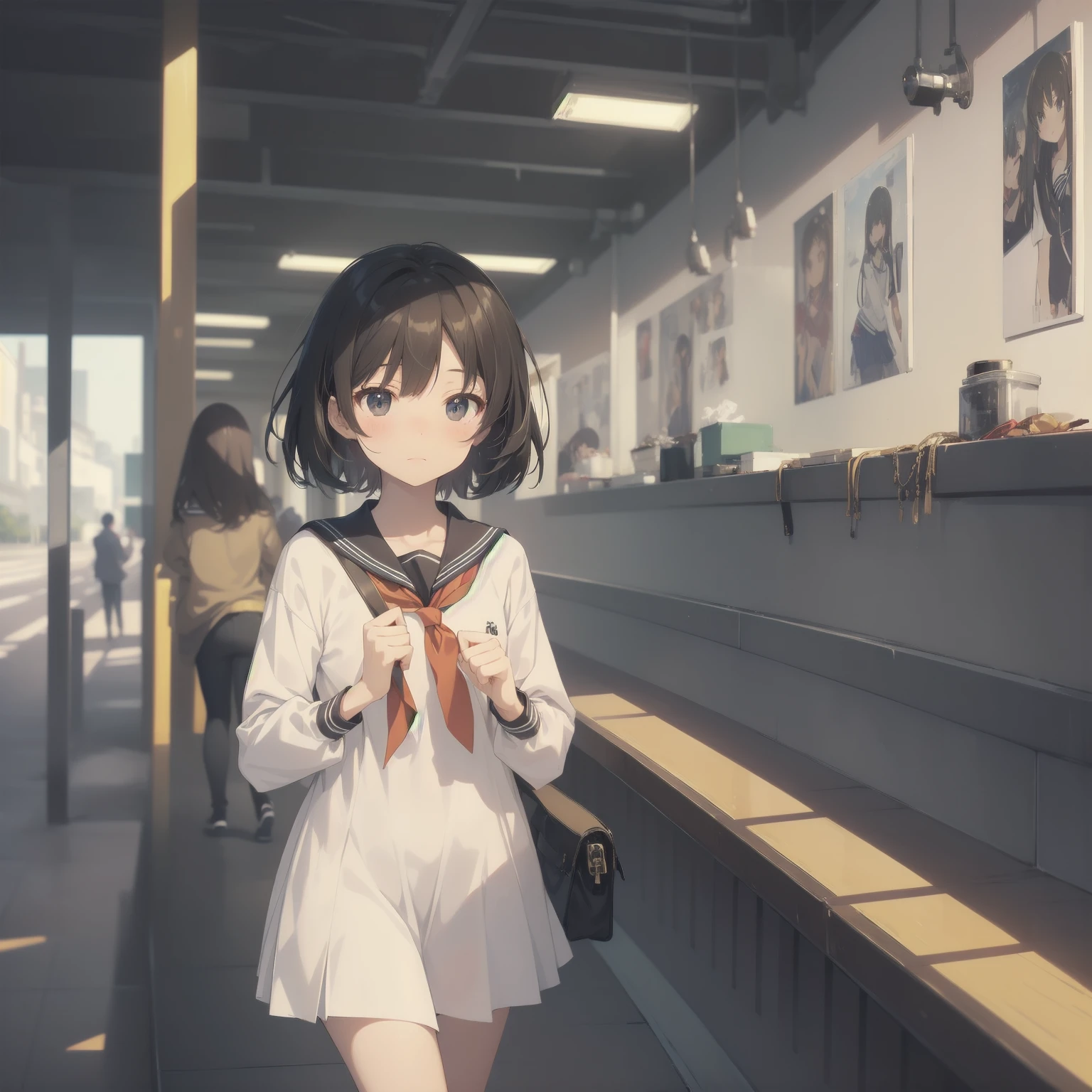 ultra-absurdres-Top quality by artist God, ultra-detailed, high resolution, anime moe artstyle, best anime 8k konachan wallpaper, pixiv contest winner, pool:2810, perfect anatomy,break, 1girl, (Please draw a girl walking sleepily to school alone. )break,(Solo,little female, 13-year-old:1.3),Full limbs, complete fingers,a junior high school student, (very short hair), short cut, flat chest, , small butt, small black eyes, beautiful detailed eyes, well-proportioned iris and pupils, expressive eyes, highres detailed hair, soft expression, salor school_uniform, sailor collar, serahuku, bow, pleated skirt,(Detailed Lighting), (Detailed background), in the School commute route. break,super detailed skin, Best cinematic lighting powered by famous artist, 8k,beauty illustration,photoshop_(medium),very aesthetic,break,((artist:wa_(genryusui) )), artist:clamp ,artist:carnelian ,artist:kantoku ,
