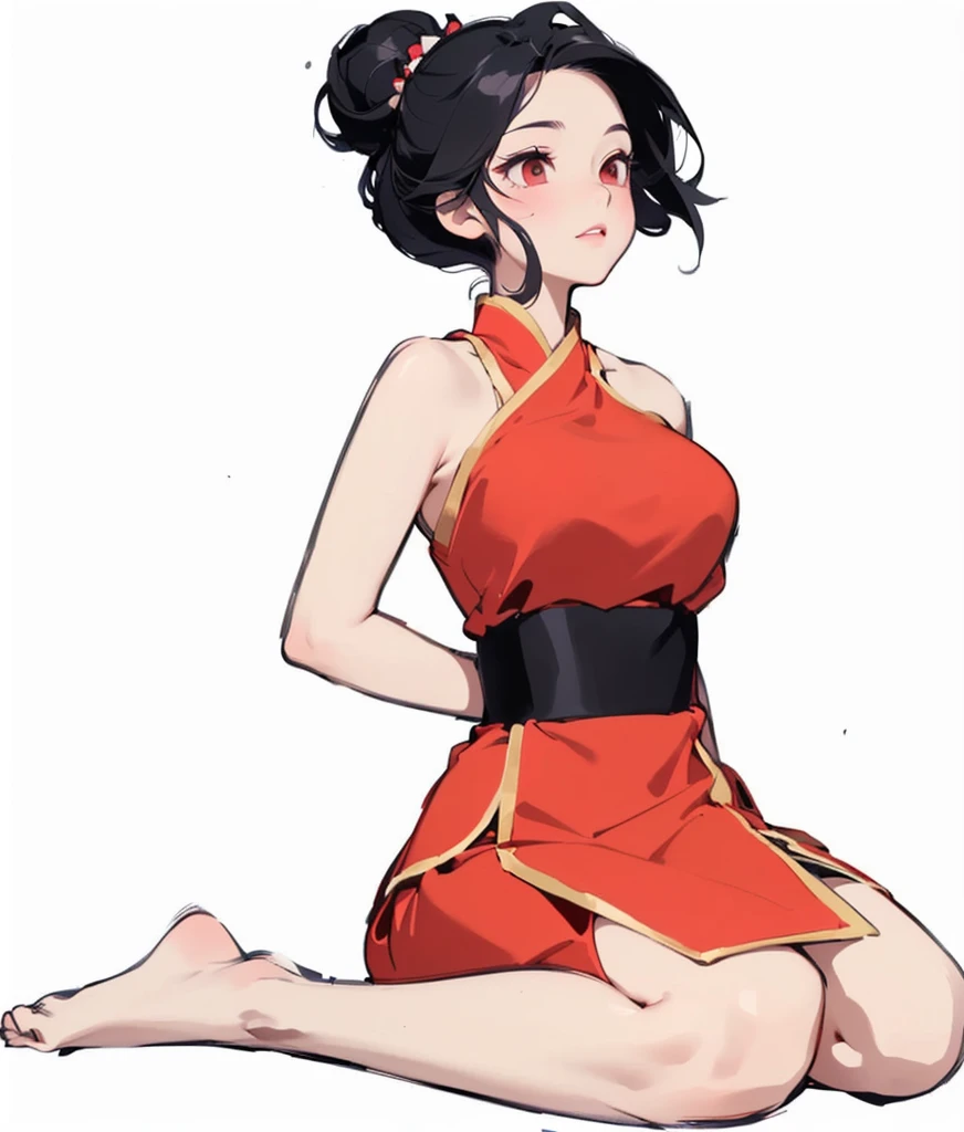A cartoon picture of a woman in a red dress sitting on the ground, Nezuko, Nezuko-chan, Inspired by Chen Jiru, Sitting, Grayscale photo of a woman in a red dress, Cartoon shading art style, Elegant floating posture, The strongest posture, Full body fairy, Thinking posture, Mai Shiranui