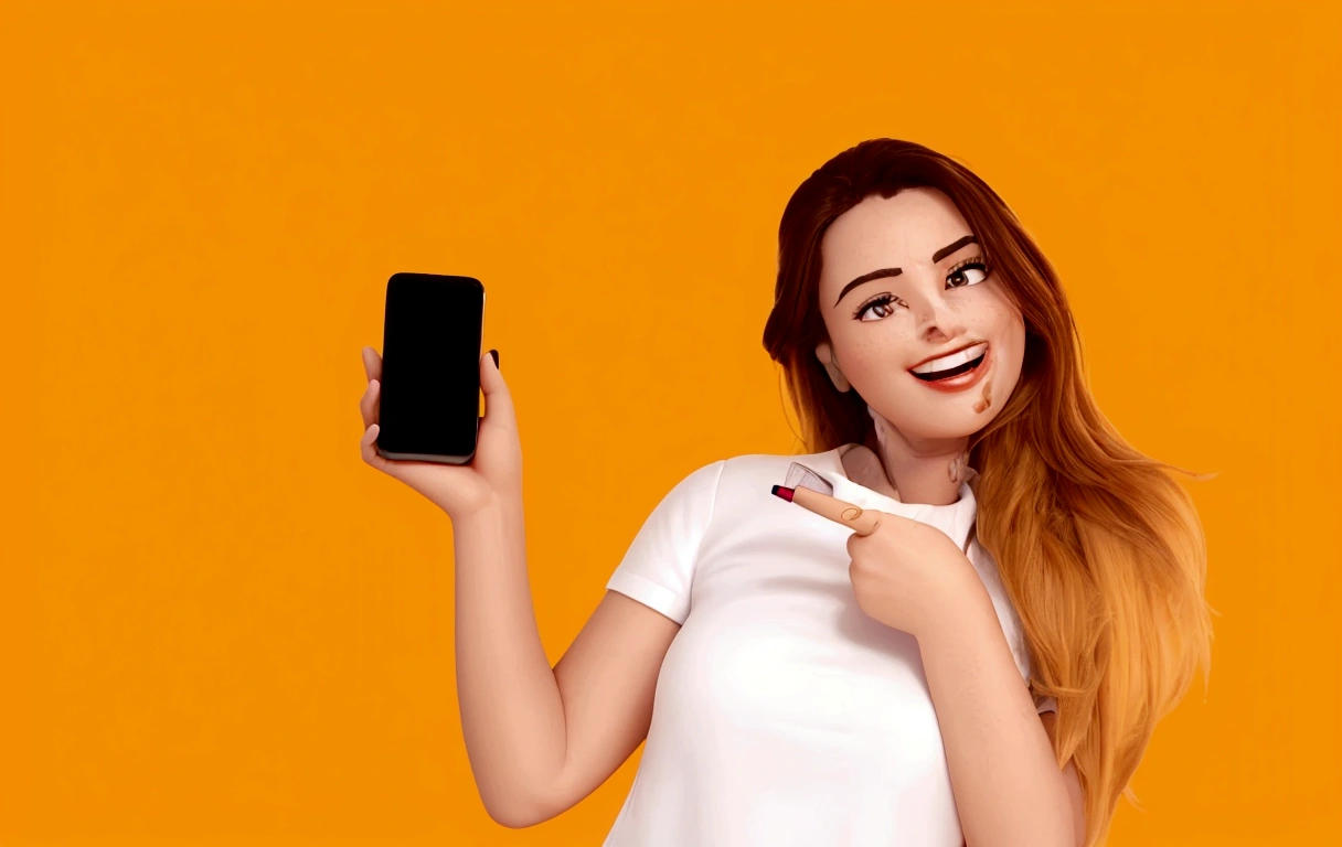 arafed woman in white shirt holding a smart phone, she is holding a smartphone, holding a very advanced phone, in front of an orange background, hold up smartphone, holds a smartphone in one hand, Attractive features, phone in hand, with accurate features, vibrant and vivid, ad image, android phones, cellular, smartphone
