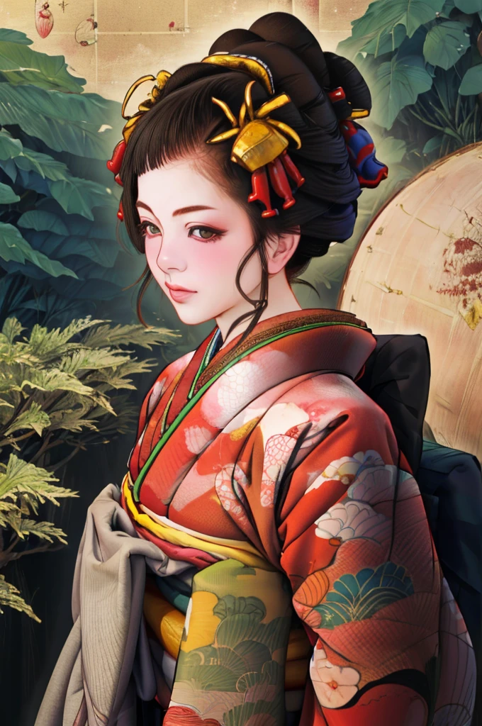 1 Girl, alone, Oiran, Maiko, country, Looking at the audience, short hair, Brown eyes, Brown Hair, Black Hair, hair ornaments, Upper Body, kimono, Blunt bangs, kimono, sash, Compensate, Bob cut hair,