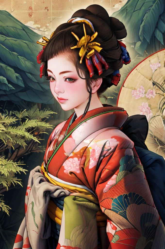 1 Girl, alone, Oiran, Maiko, country, Looking at the audience, short hair, Brown eyes, Brown Hair, Black Hair, hair ornaments, Upper Body, kimono, Blunt bangs, kimono, sash, Compensate, Bob cut hair,