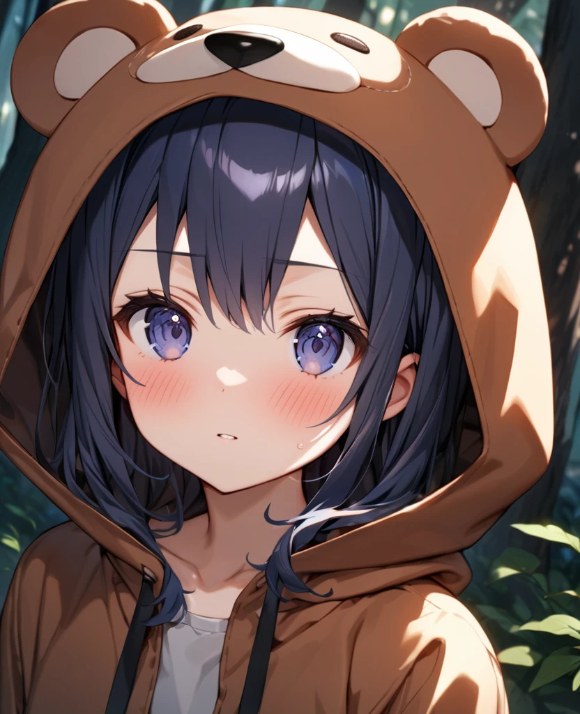 (best quality, masterpiece, ultra high-resolution, ultra-detailed: 1.2), one girl wearing a bear-mascot costume,in the forest,
BREAK.(tween,detailed face,(darkblue hair),parallel eyebrows),shiny skin,