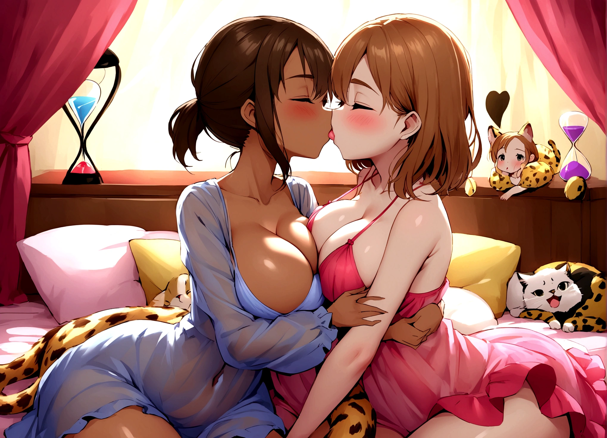 Emma Watson (25, extra busty) and her girlfriend (various race, age near 20, busty, hourglass figure) are both dressed in sheer colorful night gowns. They are passionately hugging and kissing while their pet cheetah tries to sleep. Romantic lit Bedroom