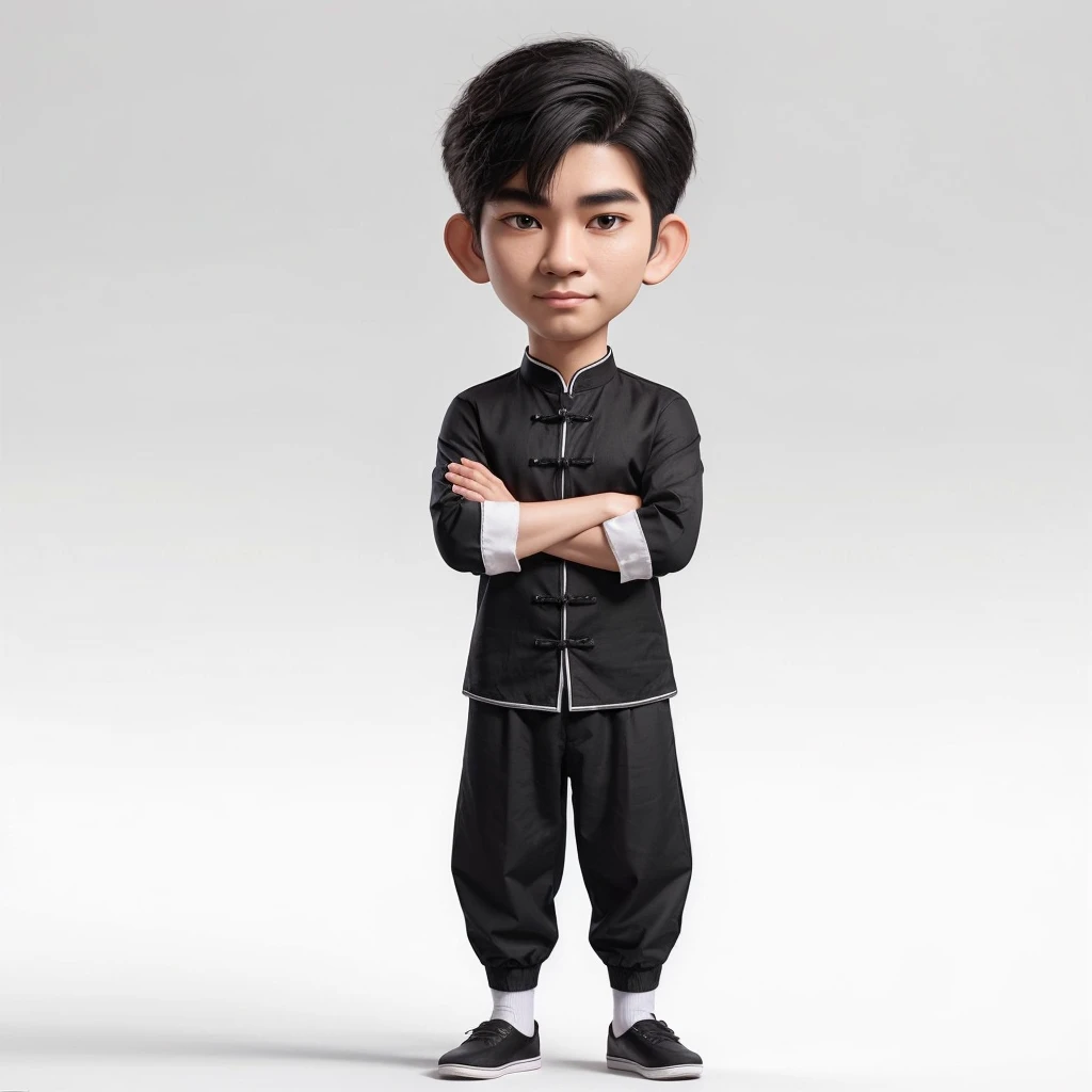 Hyper realistic caricature image of an Indonesian man with full body, short KPop style hair, oval face, wearing a black long-sleeved cheongsam shirt (sleeves rolled up to the elbows), white shirt borders (white shirt collar edge), plain black jogger pants and white socks, Traditional Chinese slip-on shoes (Wing Cun shoes) in black. standing facing the camera with arms crossed on his ?????, detailed HD quality cinematic 3D rendering