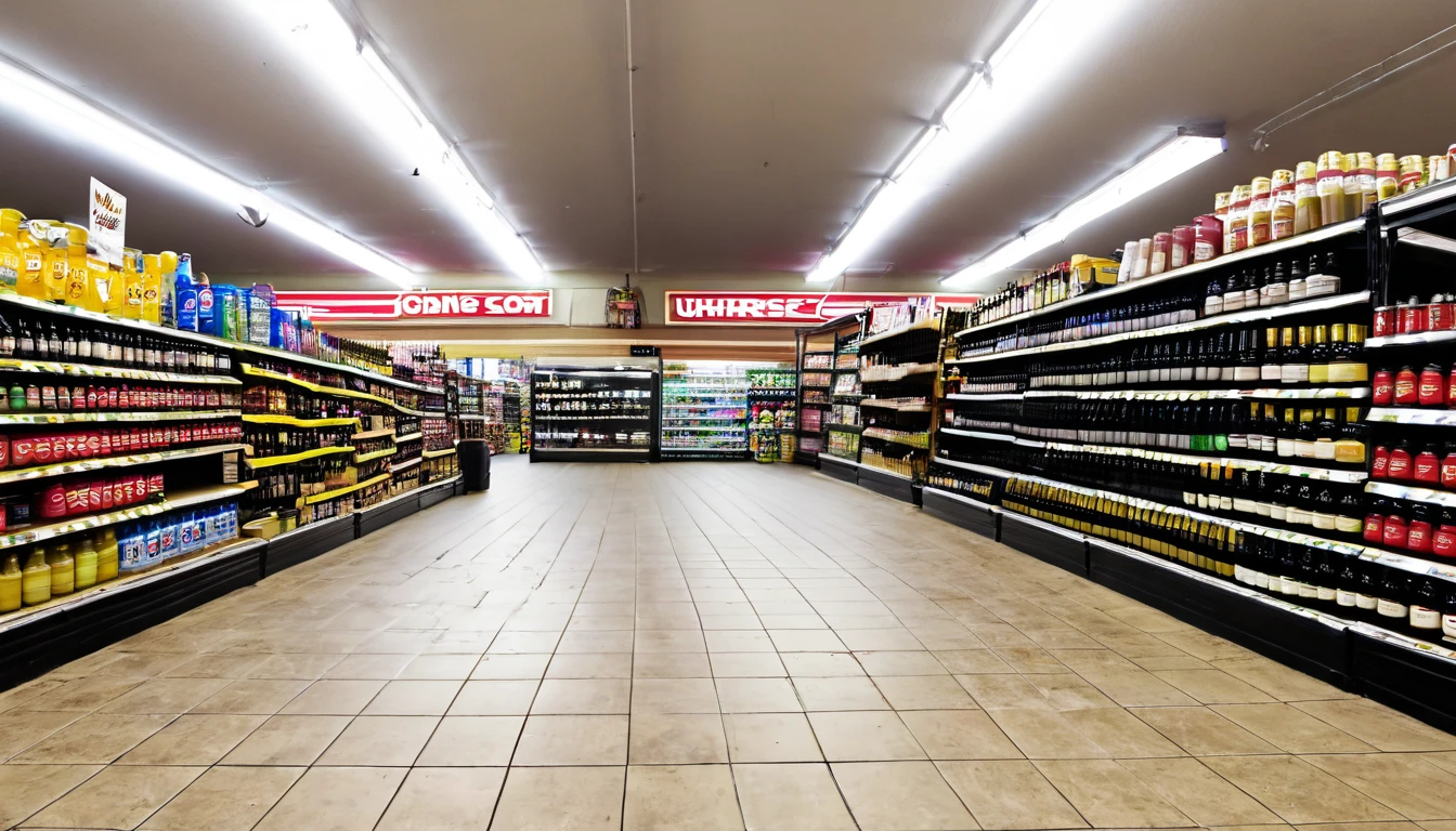 liquor store, first person view, late, unhurried on site