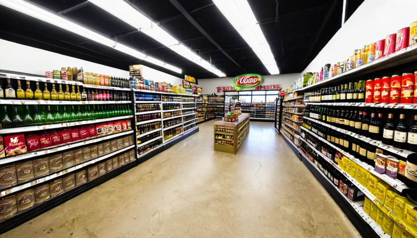 liquor store, first person view, late, unhurried on site