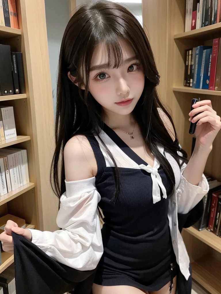 Beautiful woman wearing a white and dark blue Wearing  clothes mini dress with decorations on the shirt and visible shoulders and wearing boots and being photographed with a Library  background And I'm in an aesthetic library while holding a book ,Korean style swag, beautiful face so gorgeous, Beautiful eyes, y2k style