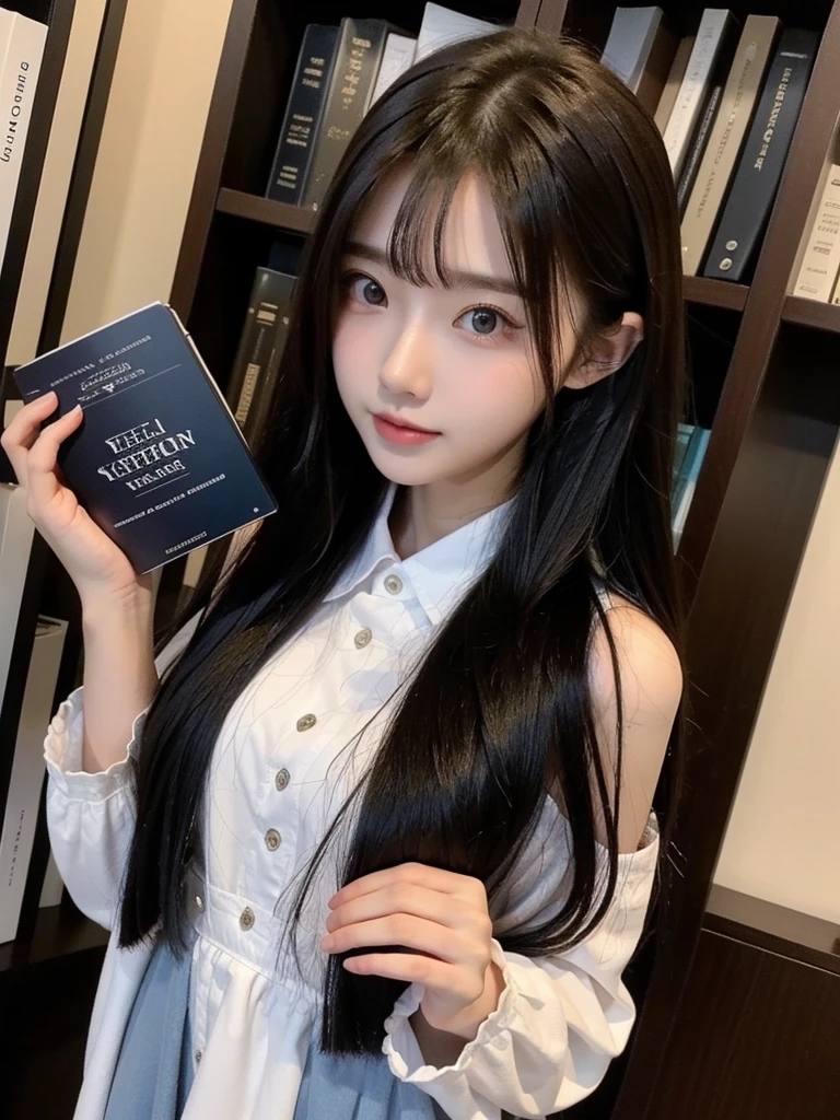 Beautiful woman wearing a white and dark blue Wearing  clothes mini dress with decorations on the shirt and visible shoulders and wearing boots and being photographed with a Library  background And I'm in an aesthetic library while holding a book ,Korean style swag, beautiful face so gorgeous, Beautiful eyes, y2k style